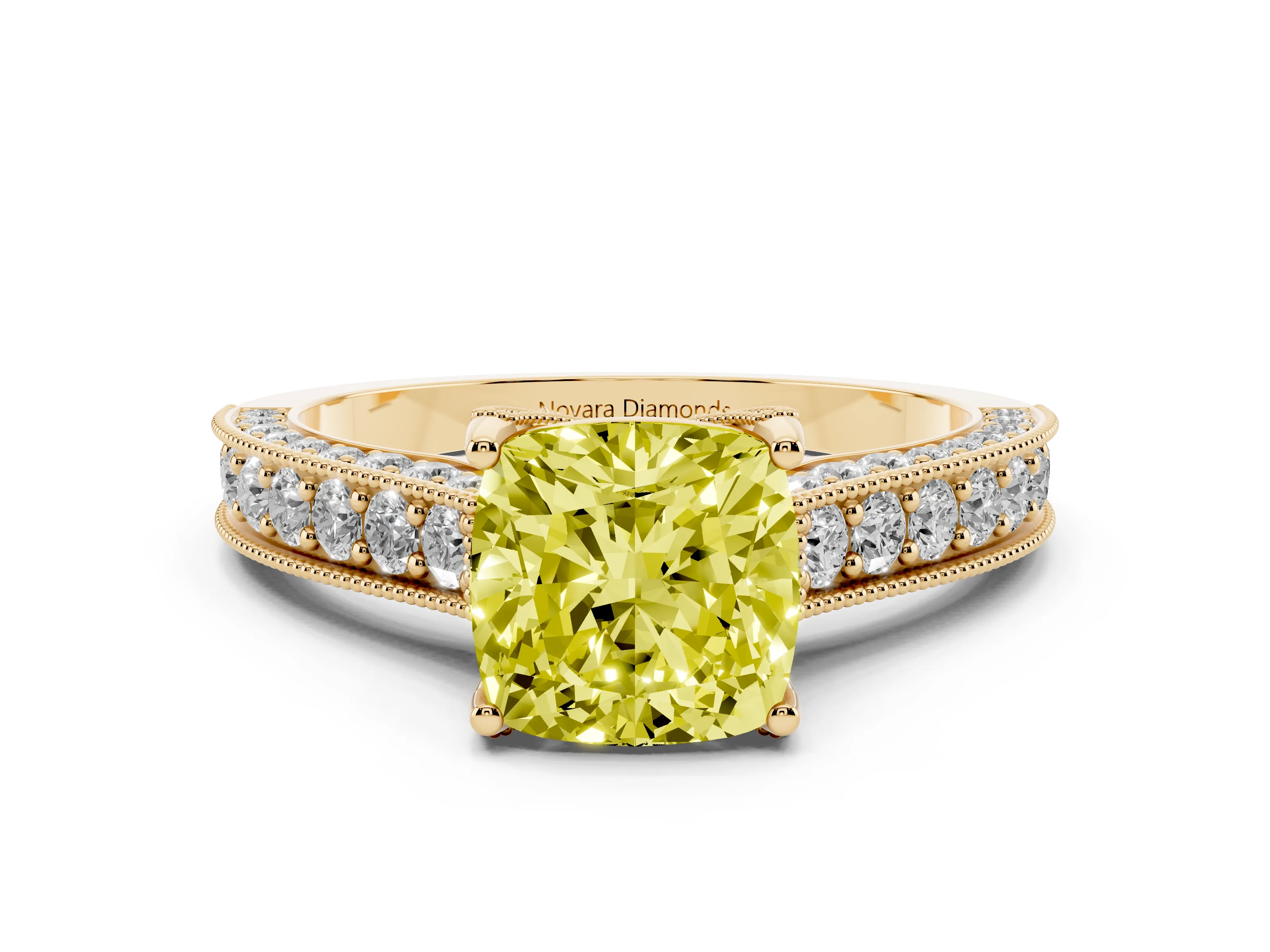 Fancy Yellow Cushion Cut Diamond Solitaire Ring Set in Yellow gold with Milgrain-Edged Pavé Band and Prong Setting