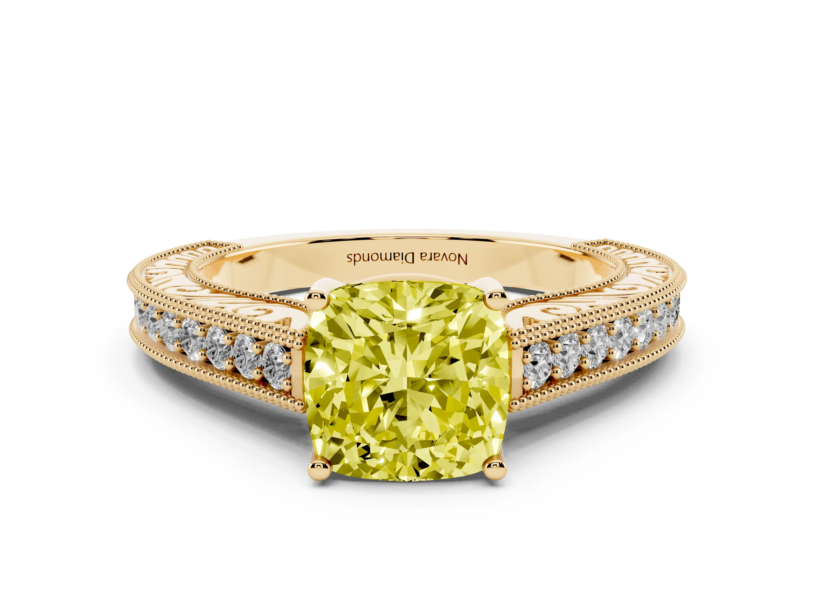 Fancy Yellow Cushion Cut Diamond Milgrain Pavé Band Solitaire Ring Set in Yellow gold with Prong Setting