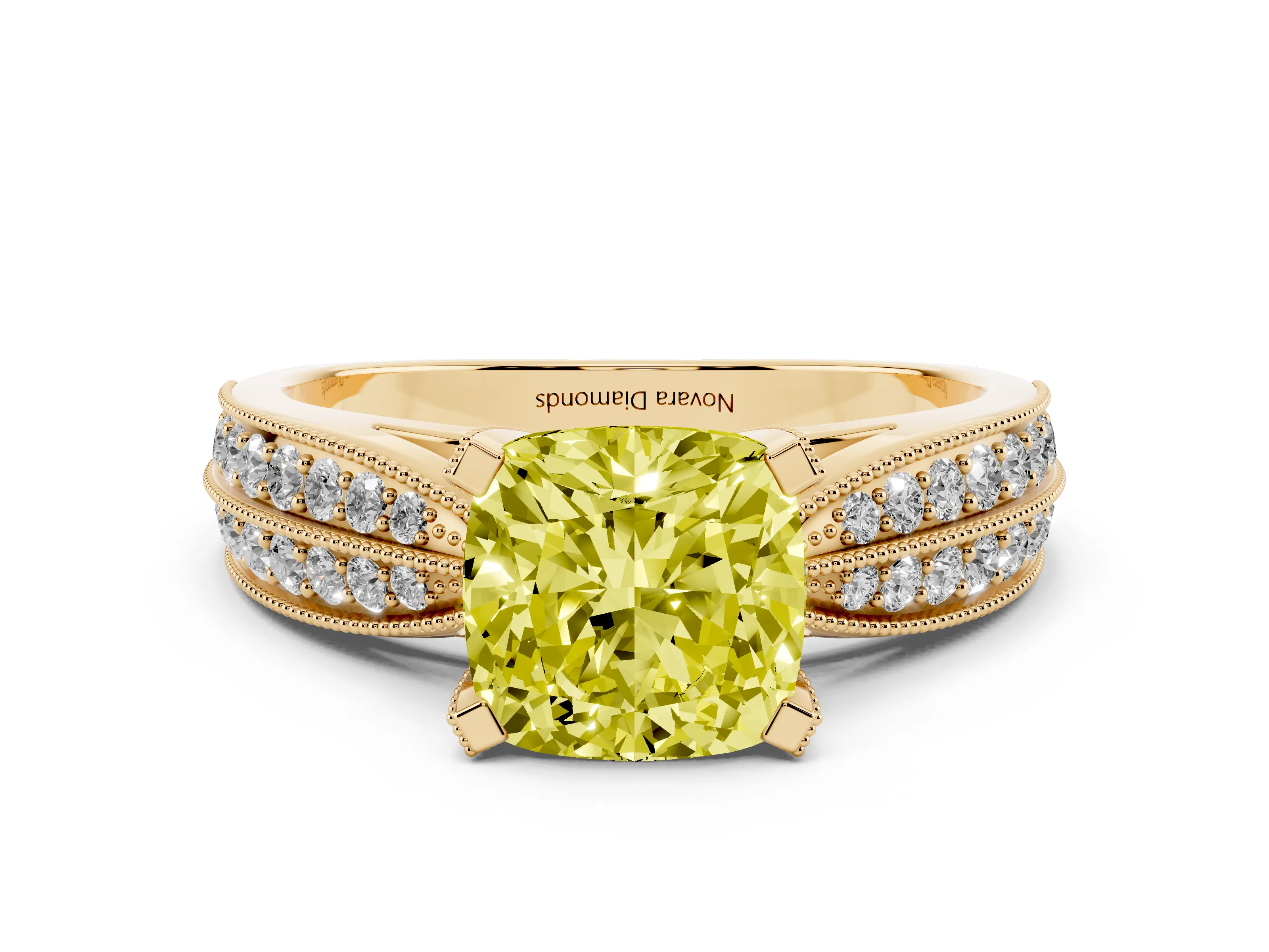 Fancy Yellow Cushion Cut Diamond Solitaire Ring Set in Yellow gold with Milgrain Double Row Round Pavé Band