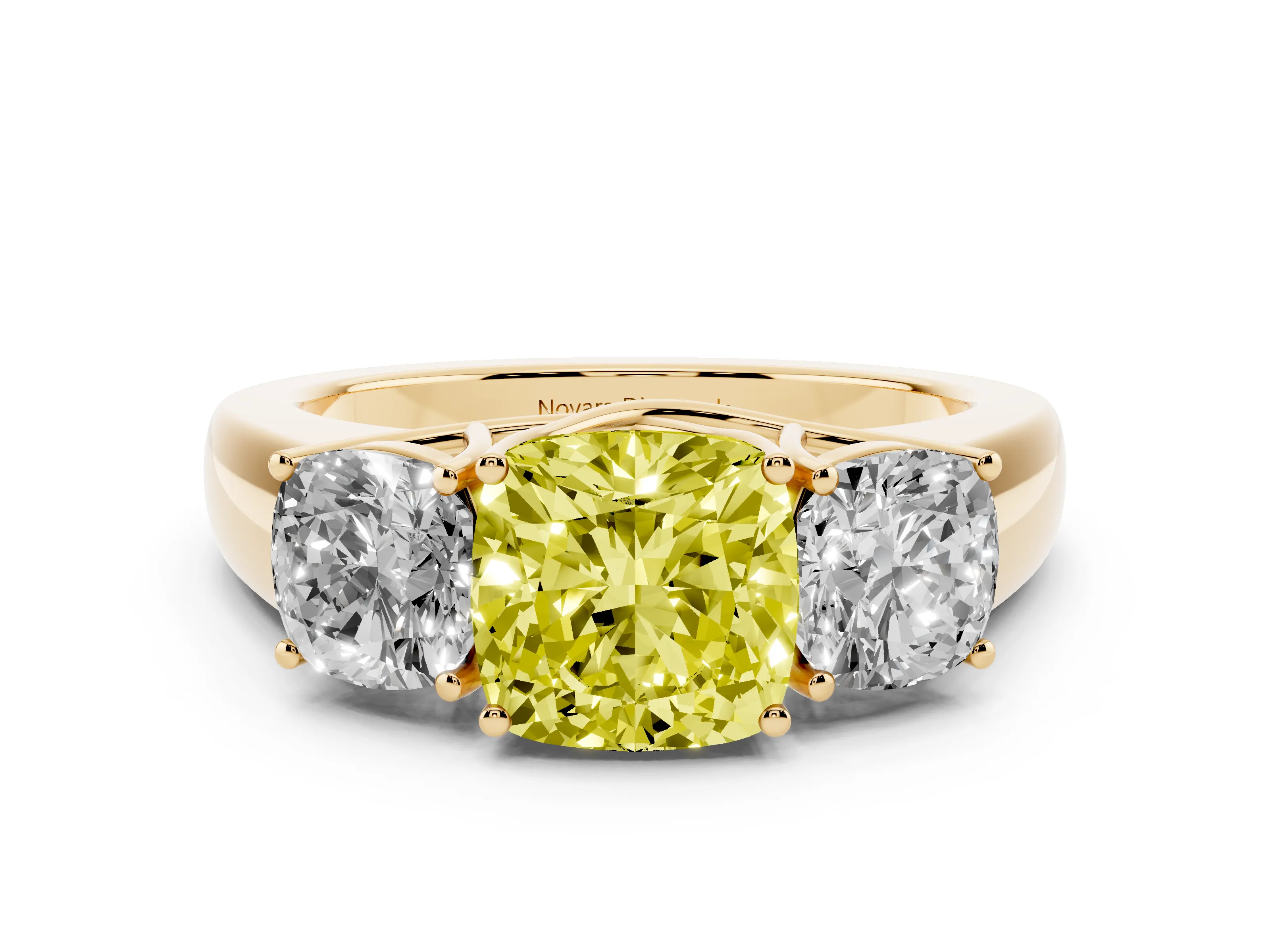 Fancy Yellow Three-Stone Cushion Cut Diamond Ring Set in Yellow gold with Matching Prong Settings and Plain Band