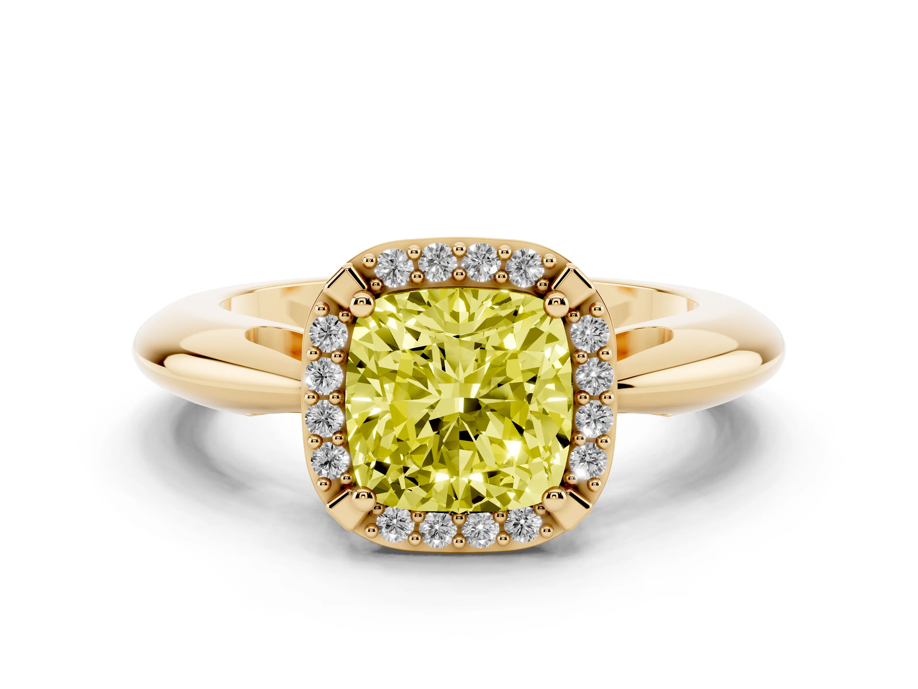 Fancy Yellow Cushion Cut Diamond Halo Engagement Ring Set in Yellow gold with Plain Split Shank and Prong Setting