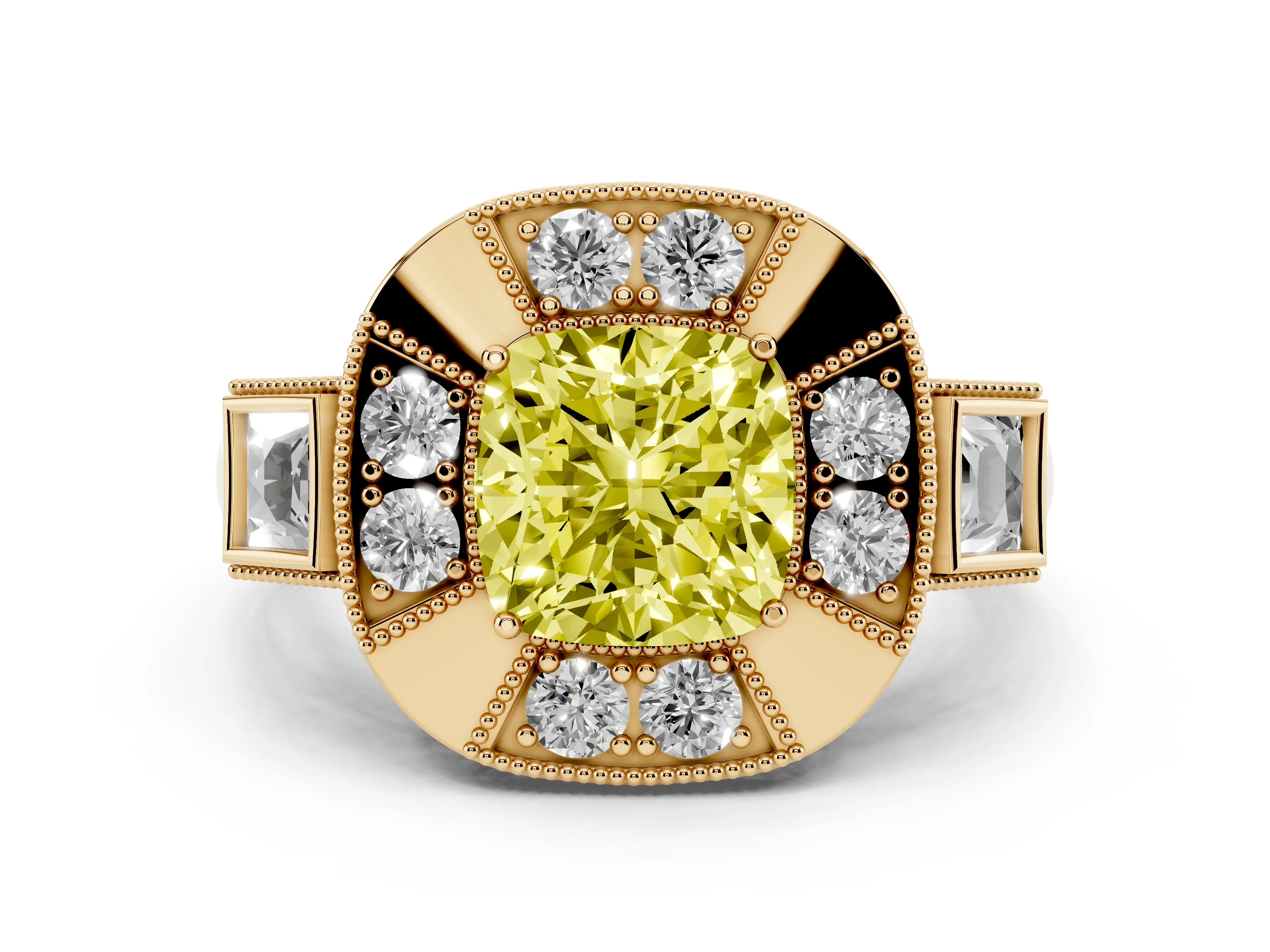Fancy Yellow Cushion Cut Diamond Milgrain Halo Ring Set in Yellow gold with Split Shank