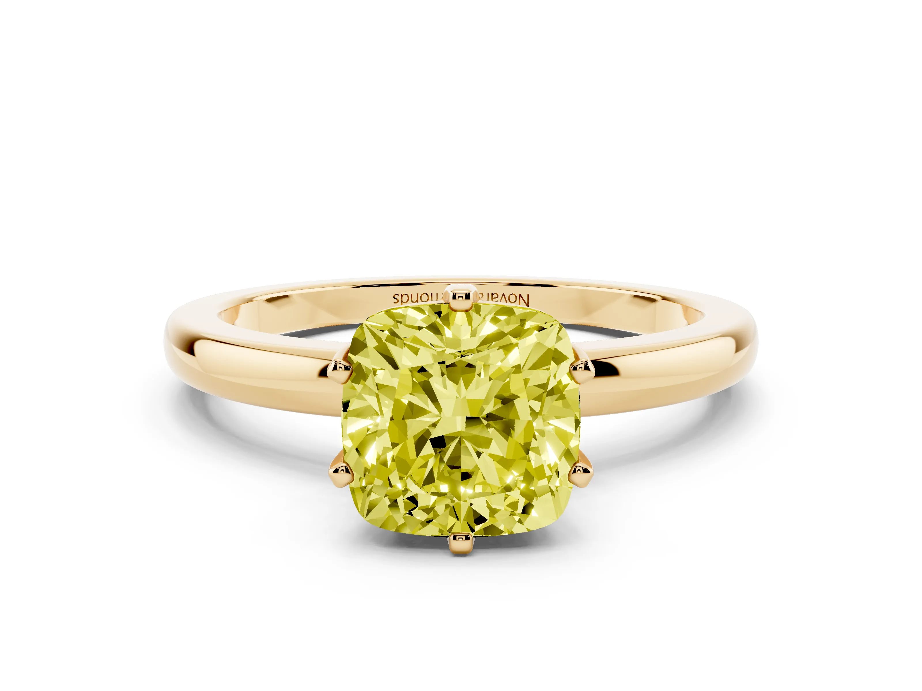 Fancy Yellow Cushion Cut Diamond Solitaire Ring Set in Yellow gold with Raised Prong Setting on a Classic Band