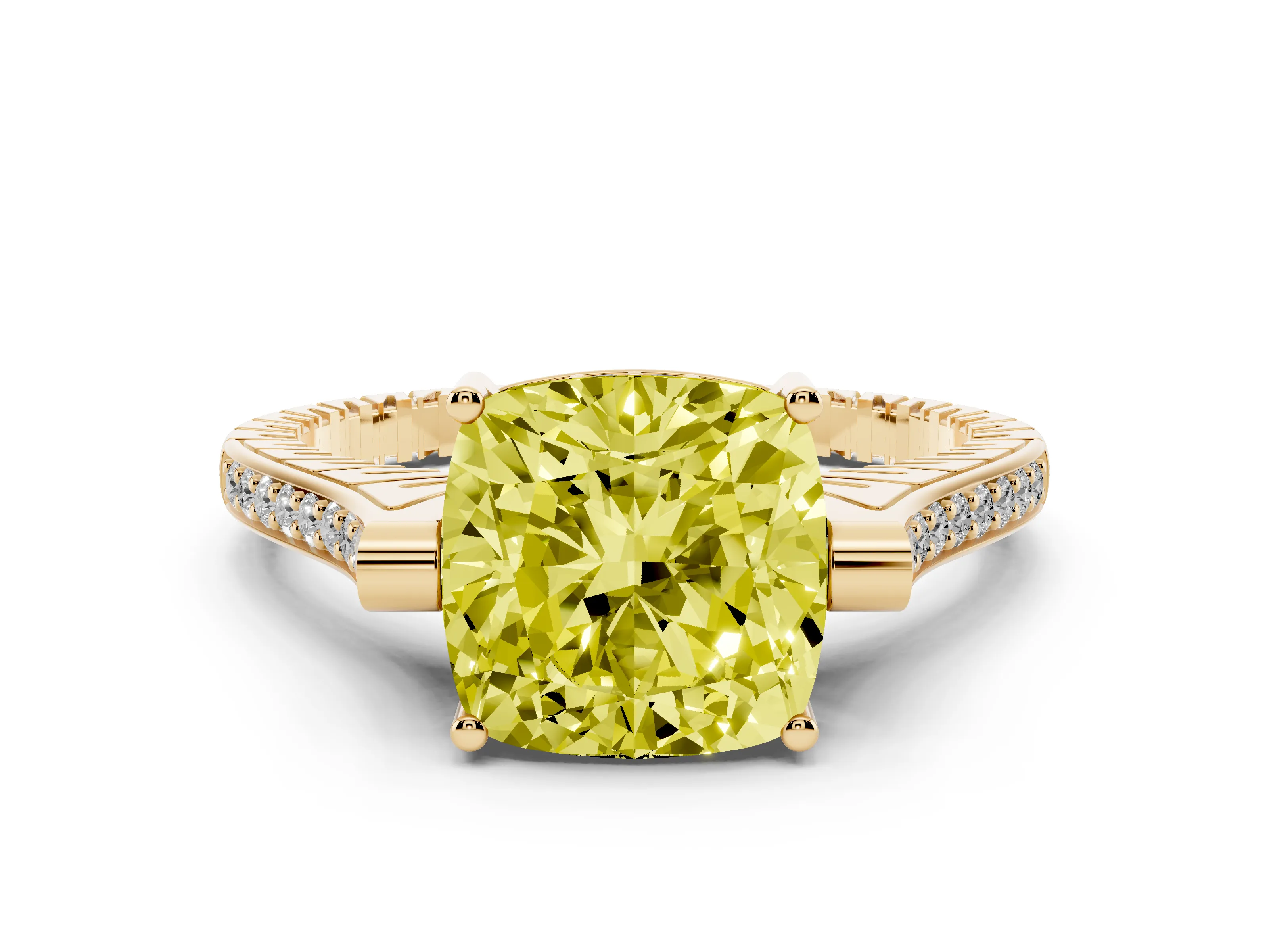 Fancy Yellow Cushion Cut Diamond Solitaire Ring Set in Yellow gold with Channel Set Band and Bezel Prong Setting