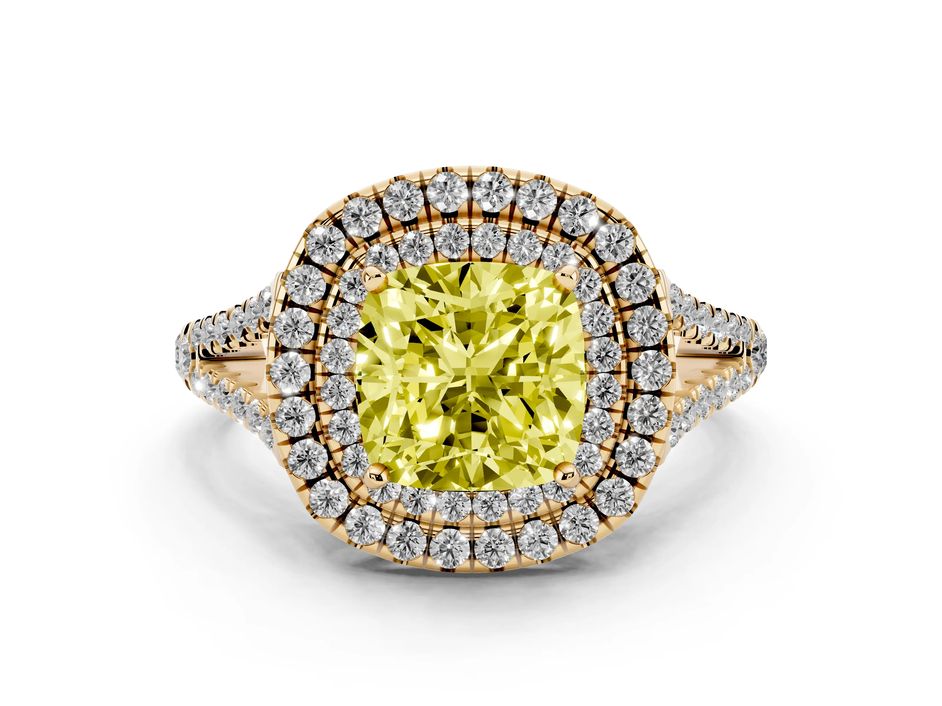 Fancy Yellow Cushion Cut Diamond Double Halo Ring Set in Yellow gold with Pavé Band