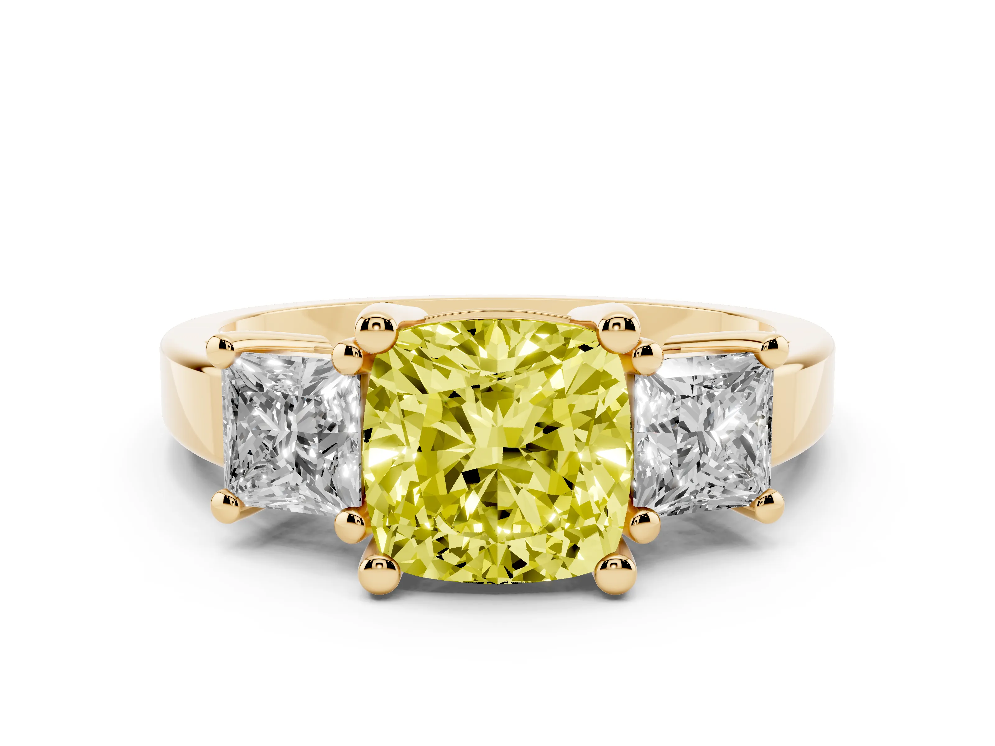 Fancy Yellow Three-Stone Cushion Cut Diamond Solitaire Ring Set in Yellow gold with Prong Setting