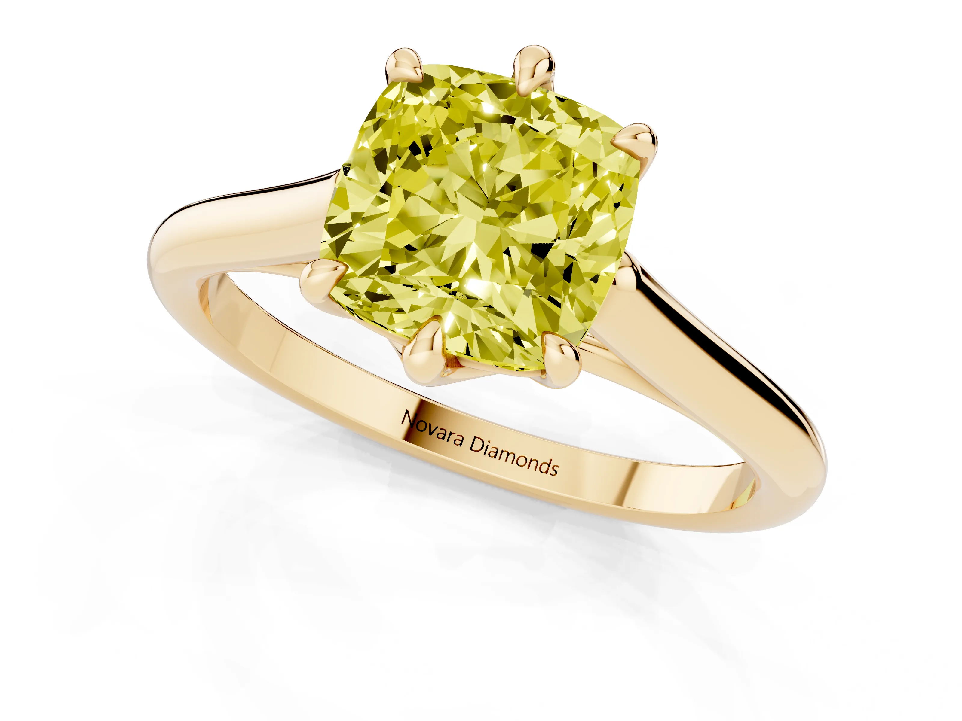 Fancy Yellow Cushion Cut Diamond Solitaire Engagement Ring Set in Yellow gold with Prong Setting and Plain Classic Band