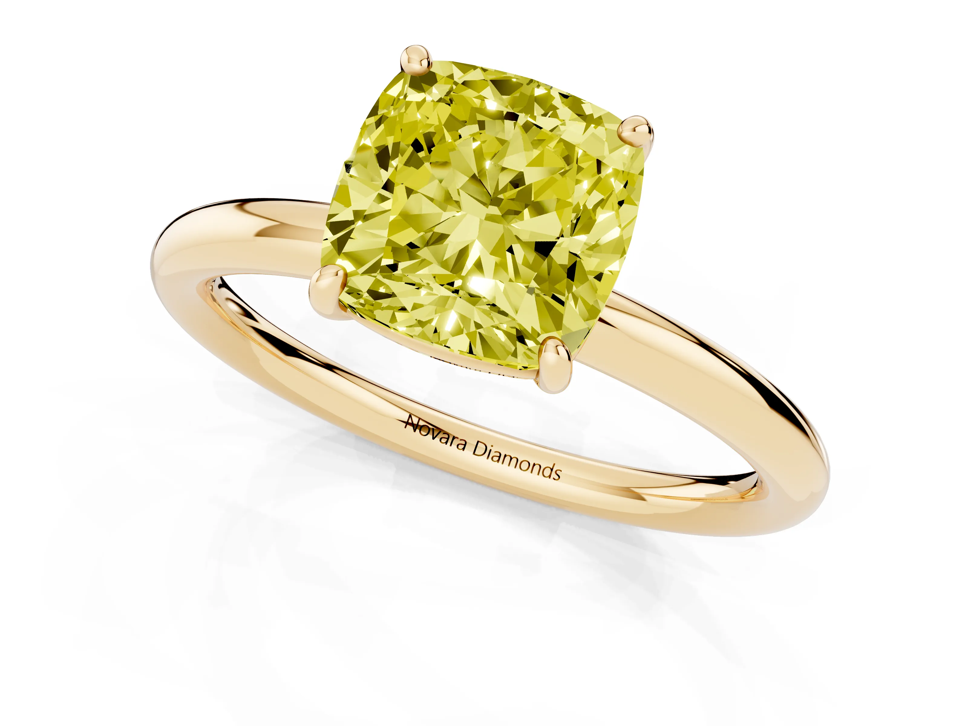 Fancy Yellow Cushion Cut Diamond Solitaire Ring Set in Yellow gold with Prong Setting on a Polished Plain Band