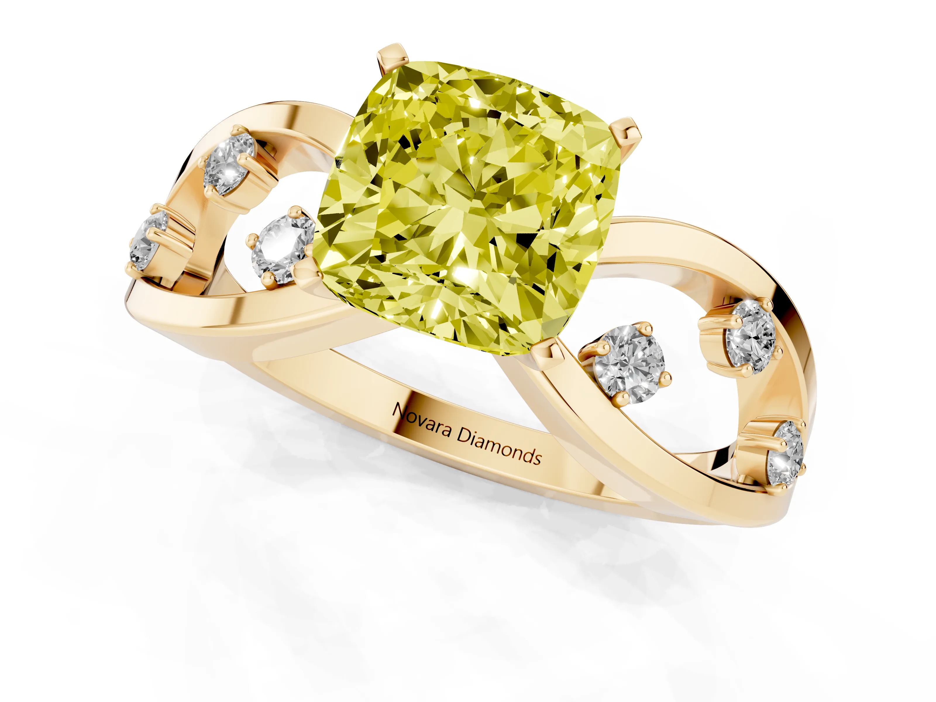 Fancy Yellow Cushion Cut Diamond Solitaire Ring Set in Yellow gold with Side Stones on Criss-Cross Band and Prong Setting