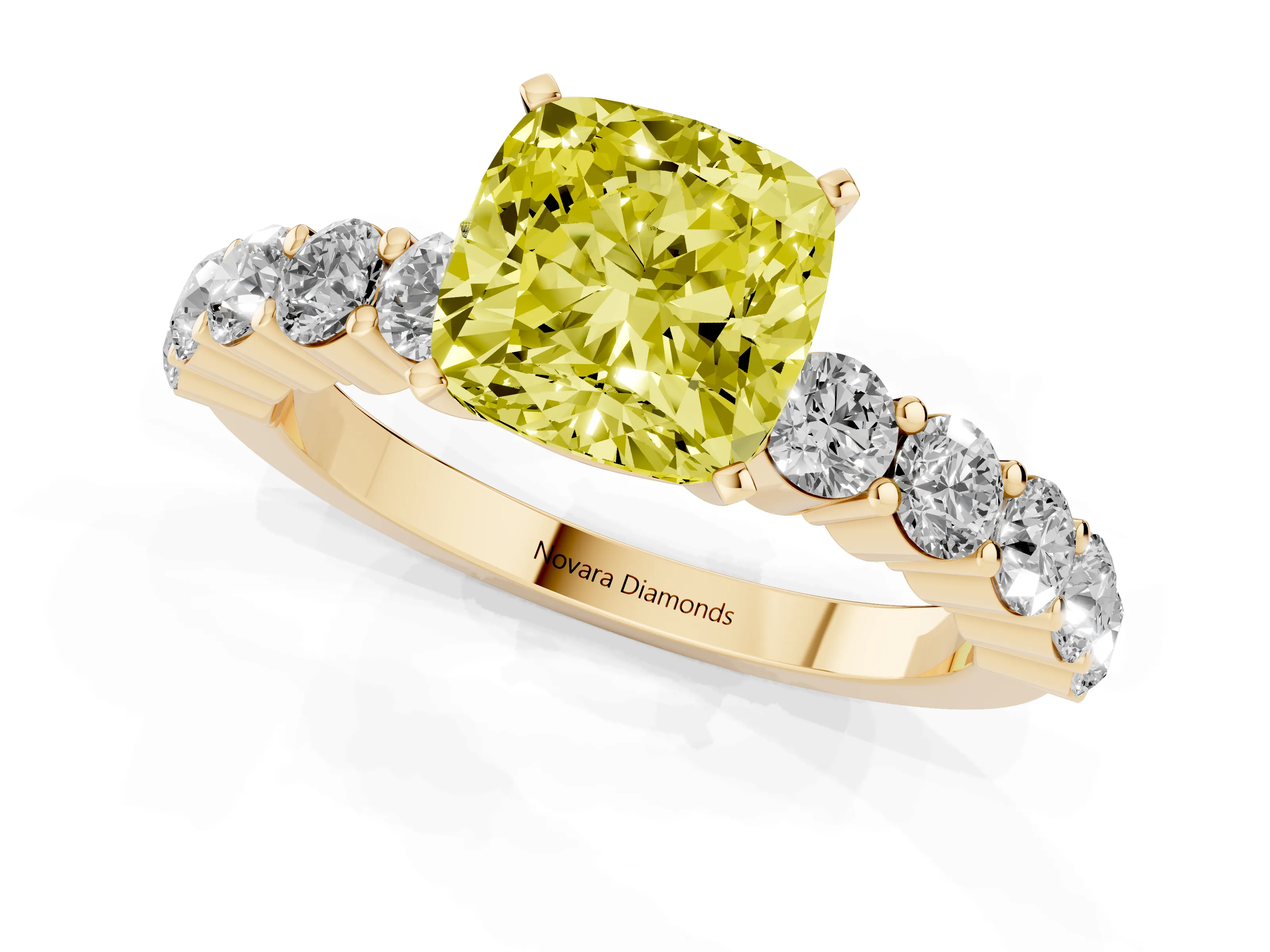 Fancy Yellow Cushion Cut Diamond Solitaire Ring Set in Yellow gold with Shared Prong Round Side Stones