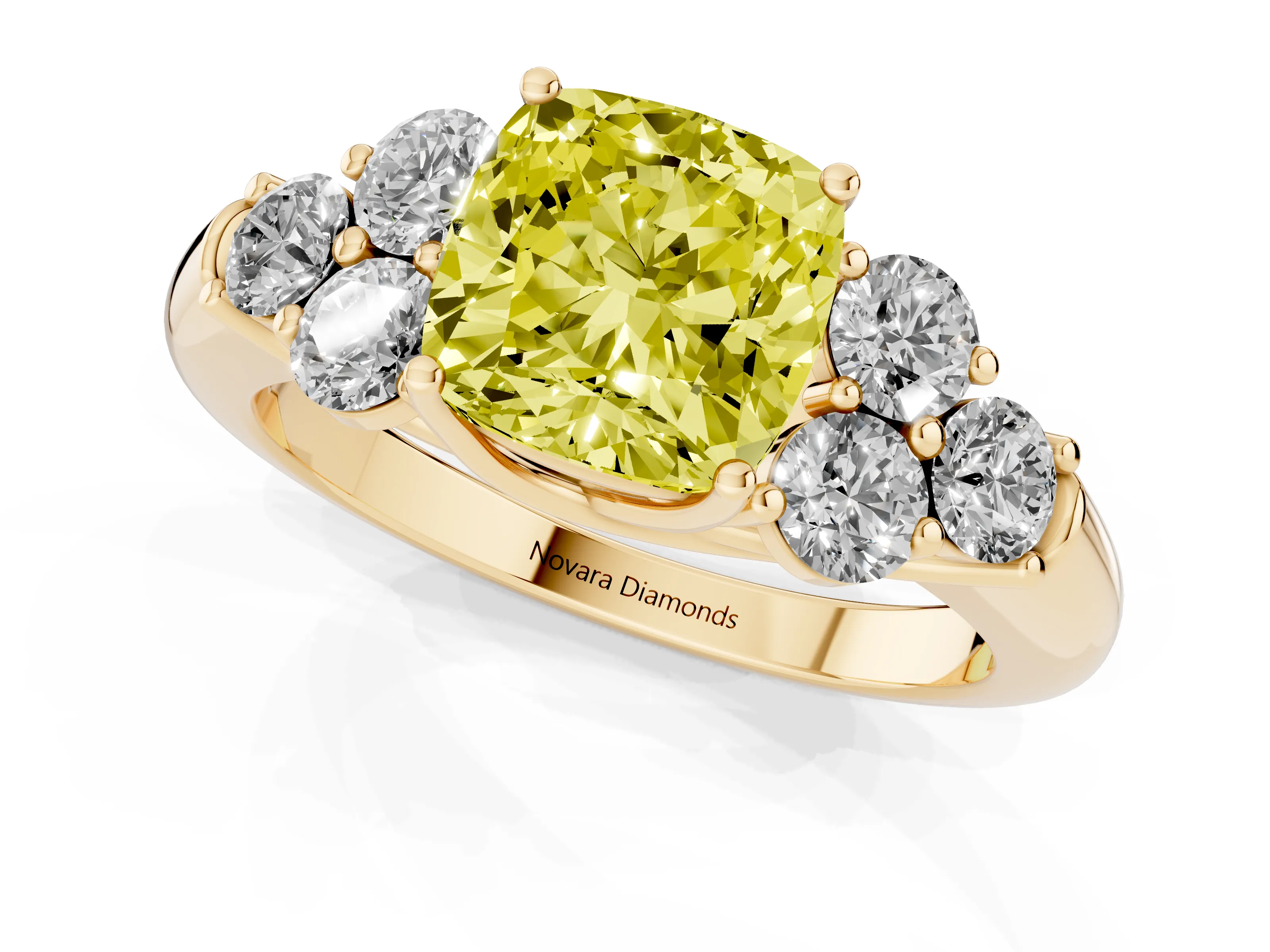 Fancy Yellow Cushion Cut Diamond Cluster Ring Set in Yellow gold with Round Accent Stones and Prong Setting on a Plain Band