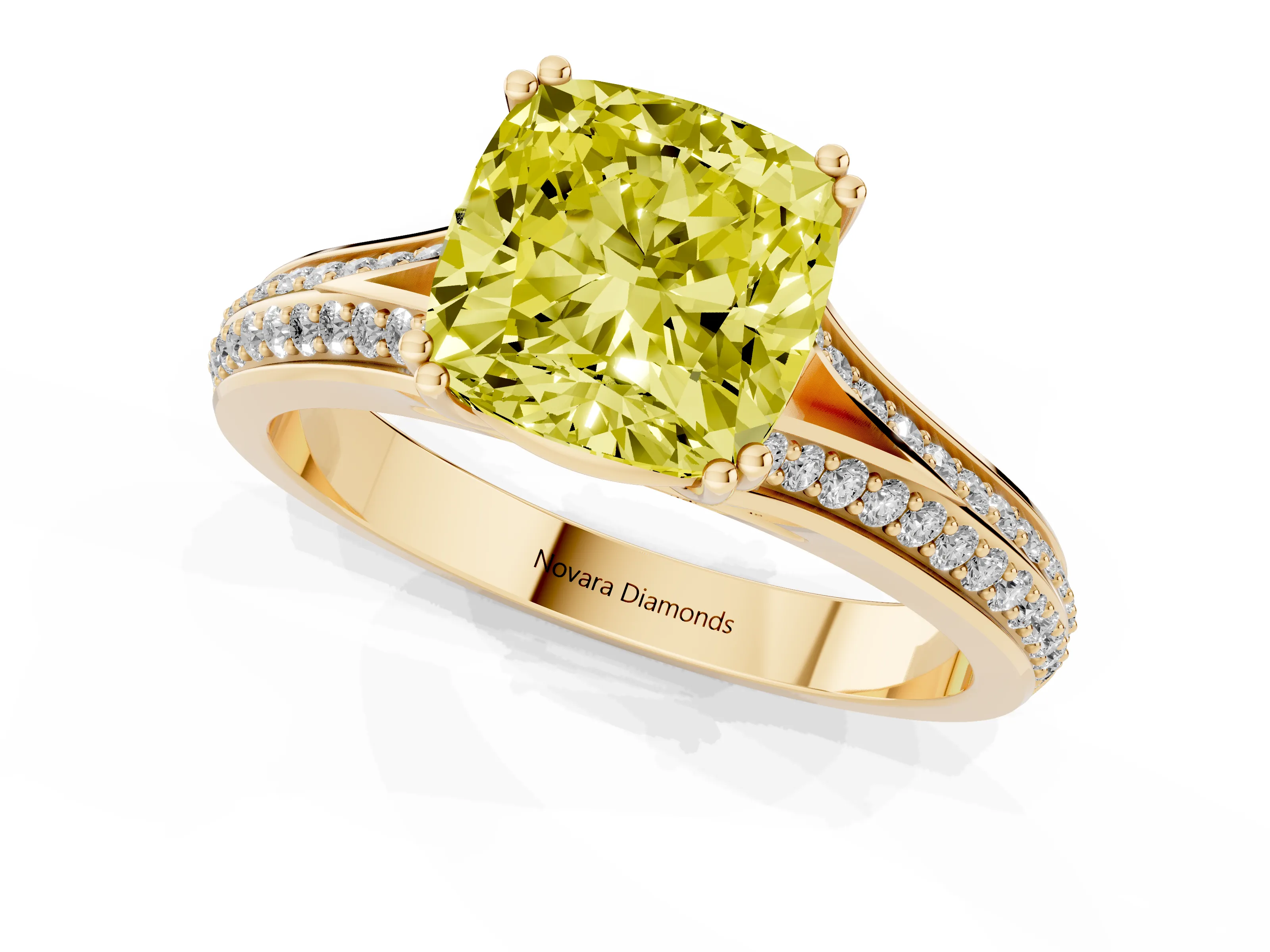 Fancy Yellow Cushion Cut Diamond Split Shank Pavé Engagement Ring Set in Yellow gold with Prong-Set Center Stone