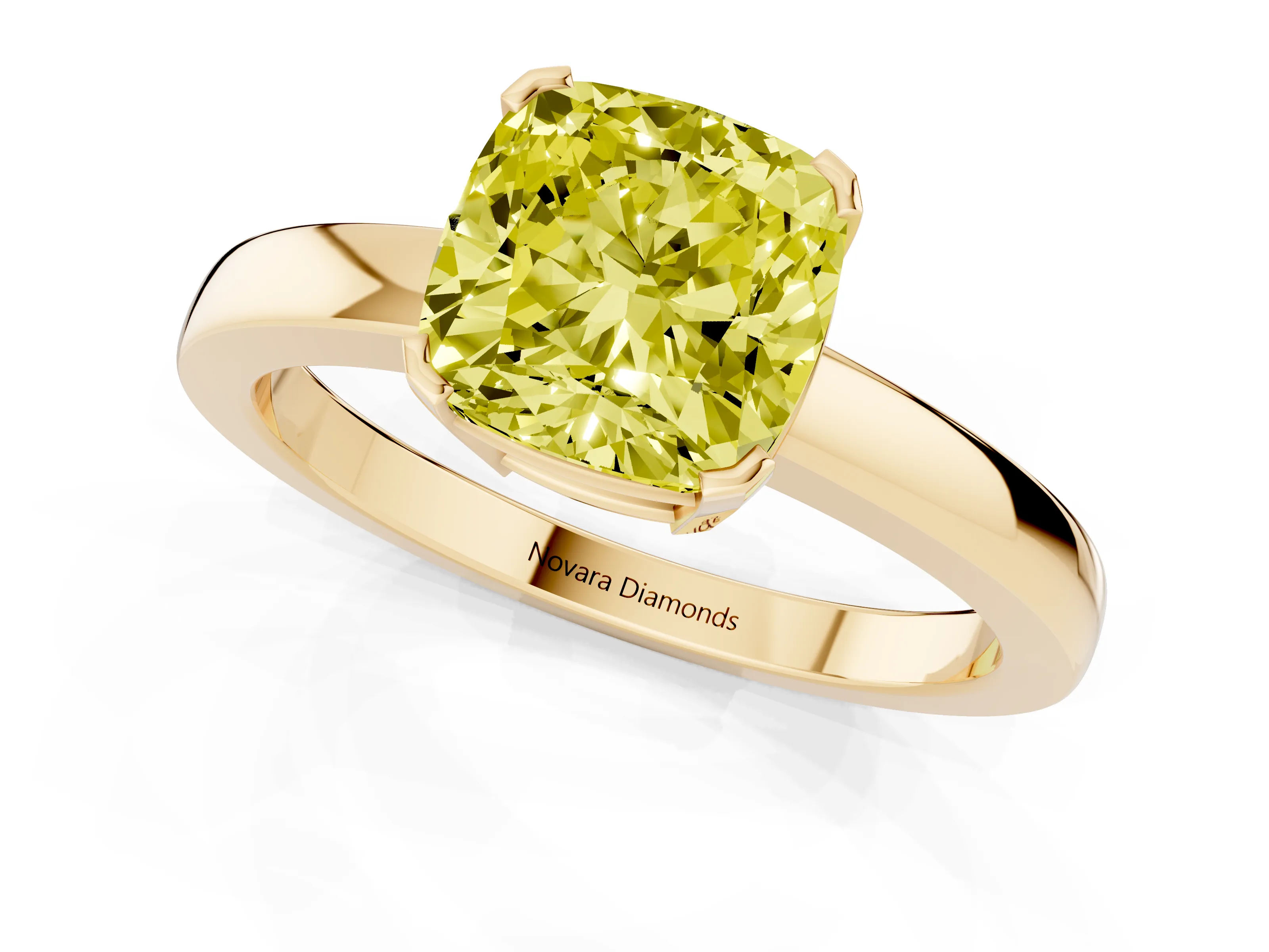 Fancy Yellow Cushion Cut Diamond Solitaire Ring Set in Yellow gold with Prong Head and Smooth Polished Band