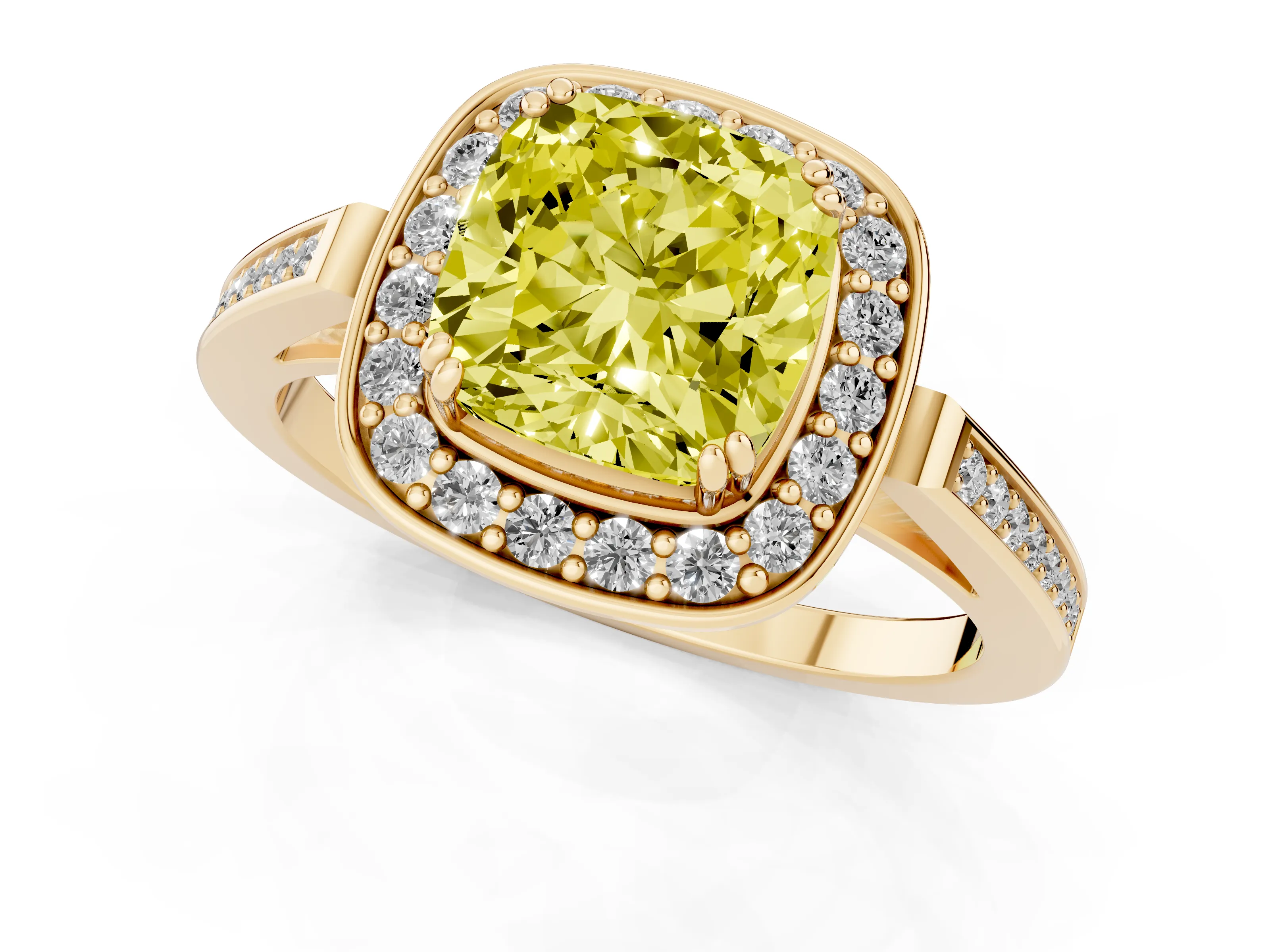 Fancy Yellow Cushion Cut Diamond Halo Ring Set in Yellow gold with Accent-Lined Split Shank and Prong Setting
