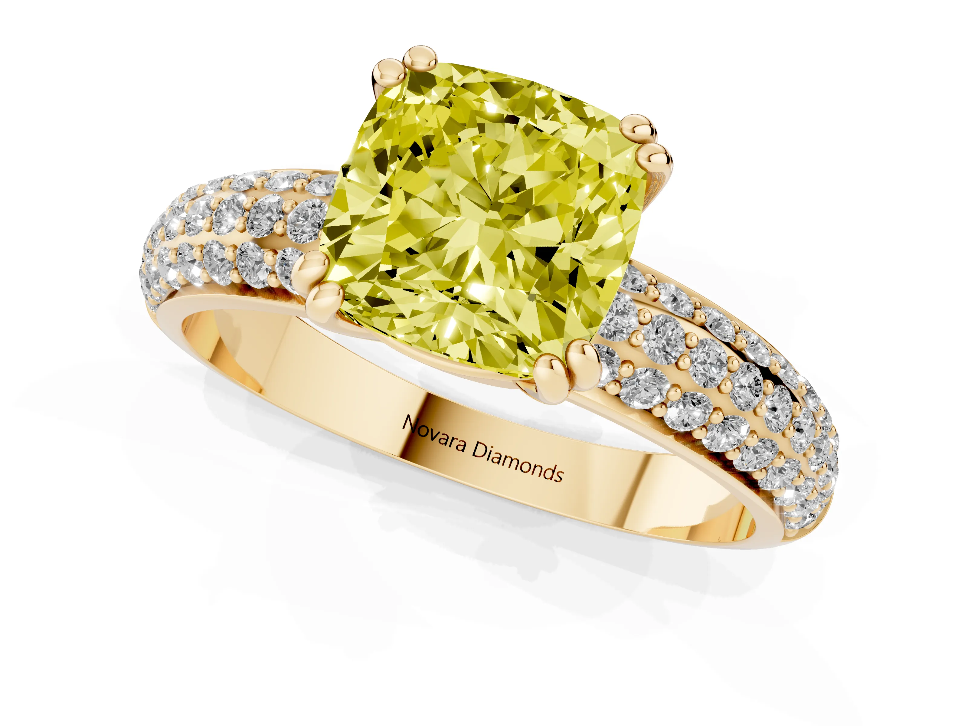 Fancy Yellow Cushion Cut Diamond Solitaire Ring Set in Yellow gold with Multi-Row Round Pavé Band and Prong Setting