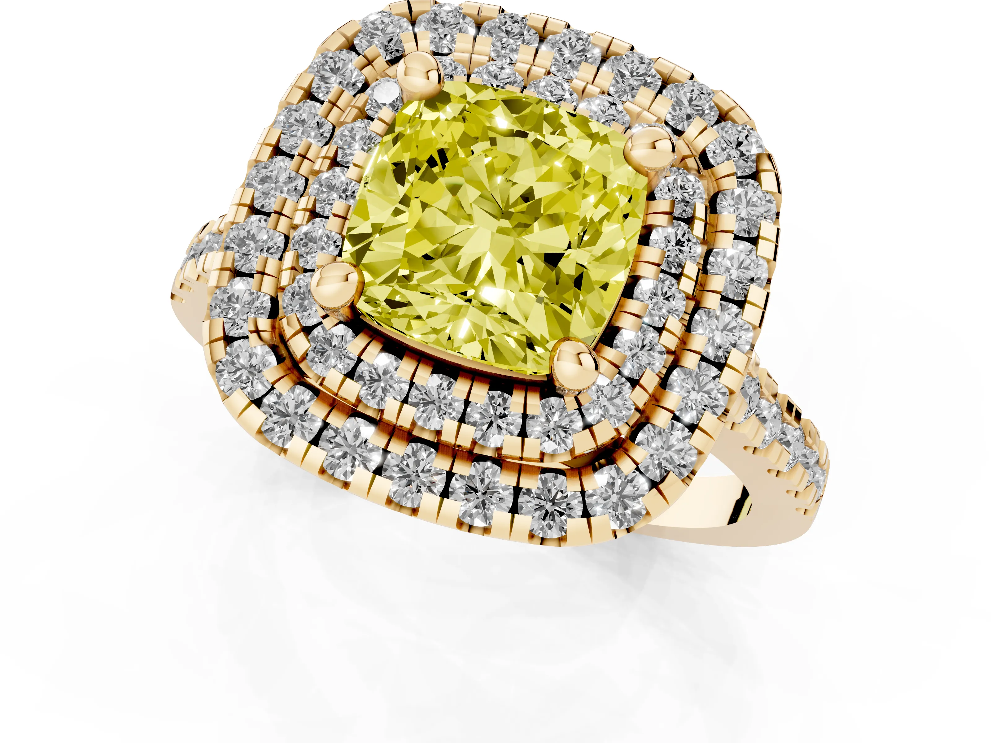 Fancy Yellow Cushion Cut Diamond Double Halo Statement Ring Set in Yellow gold with Pavé Band