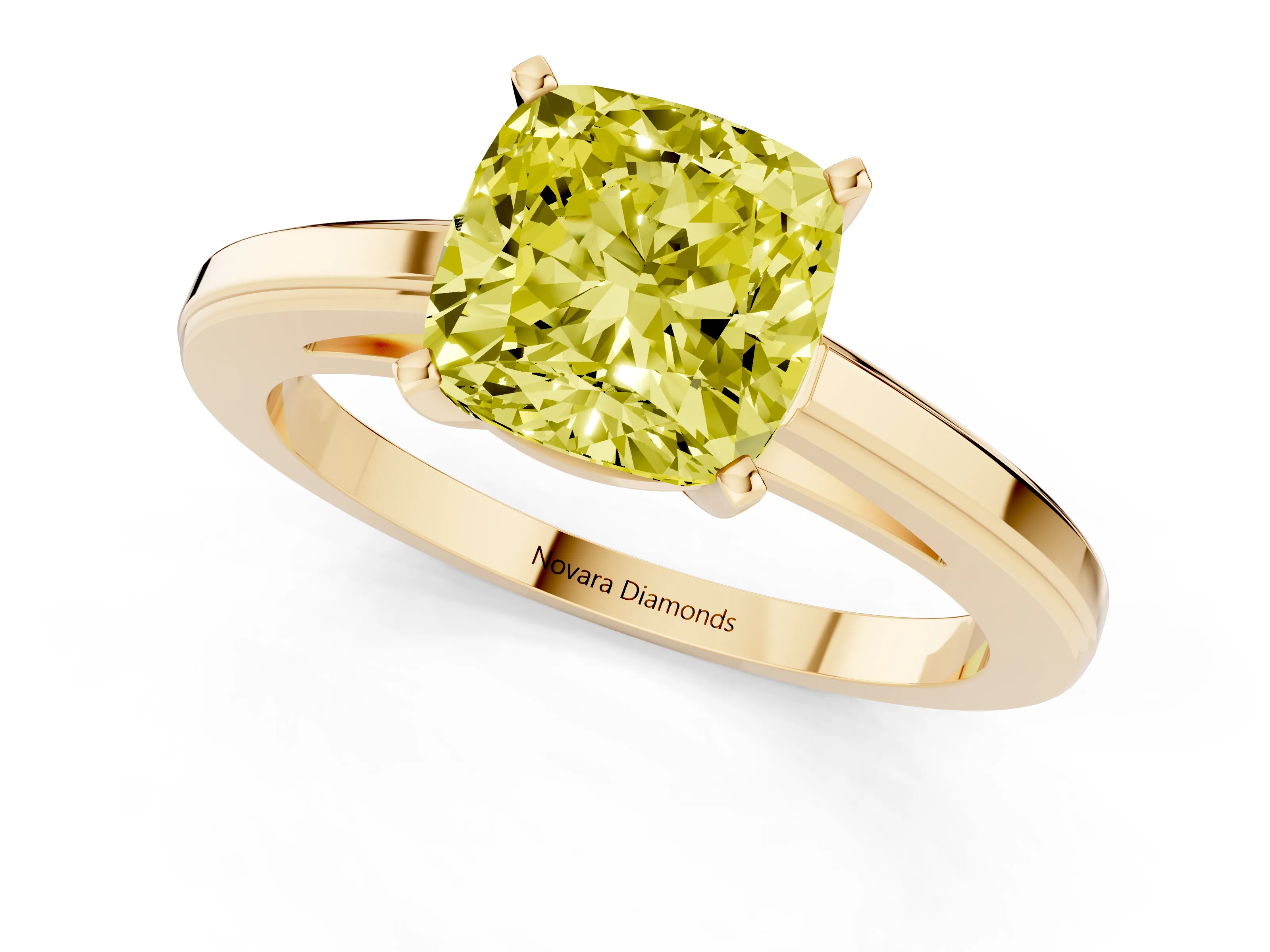Fancy Yellow Cushion Cut Diamond Solitaire Ring Set in Yellow gold with Prong Setting and Classic Band