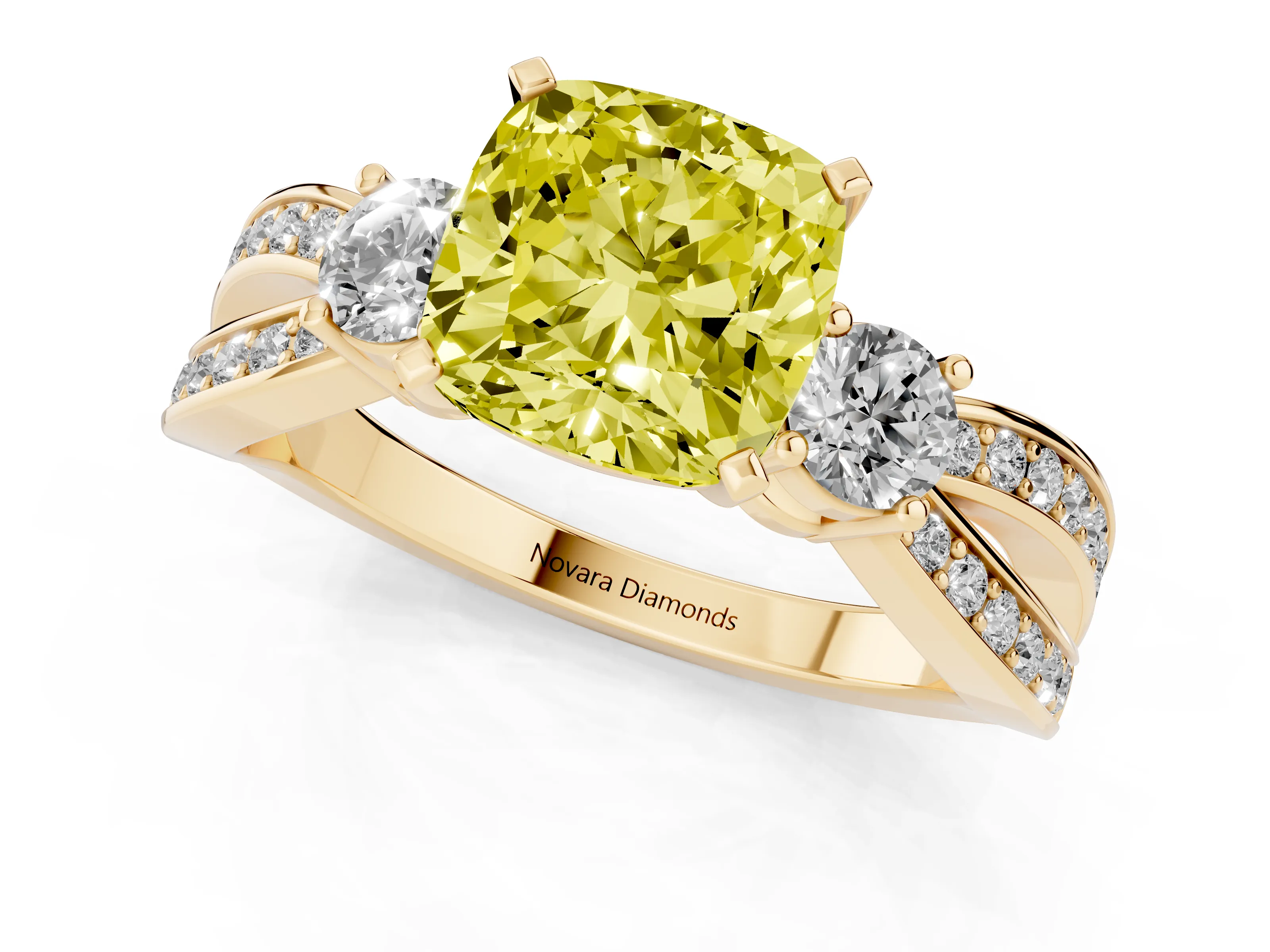Fancy Yellow Three-Stone Cushion Cut Diamond Twist Band Ring Set in Yellow gold with Pavé Accents and Prong Setting