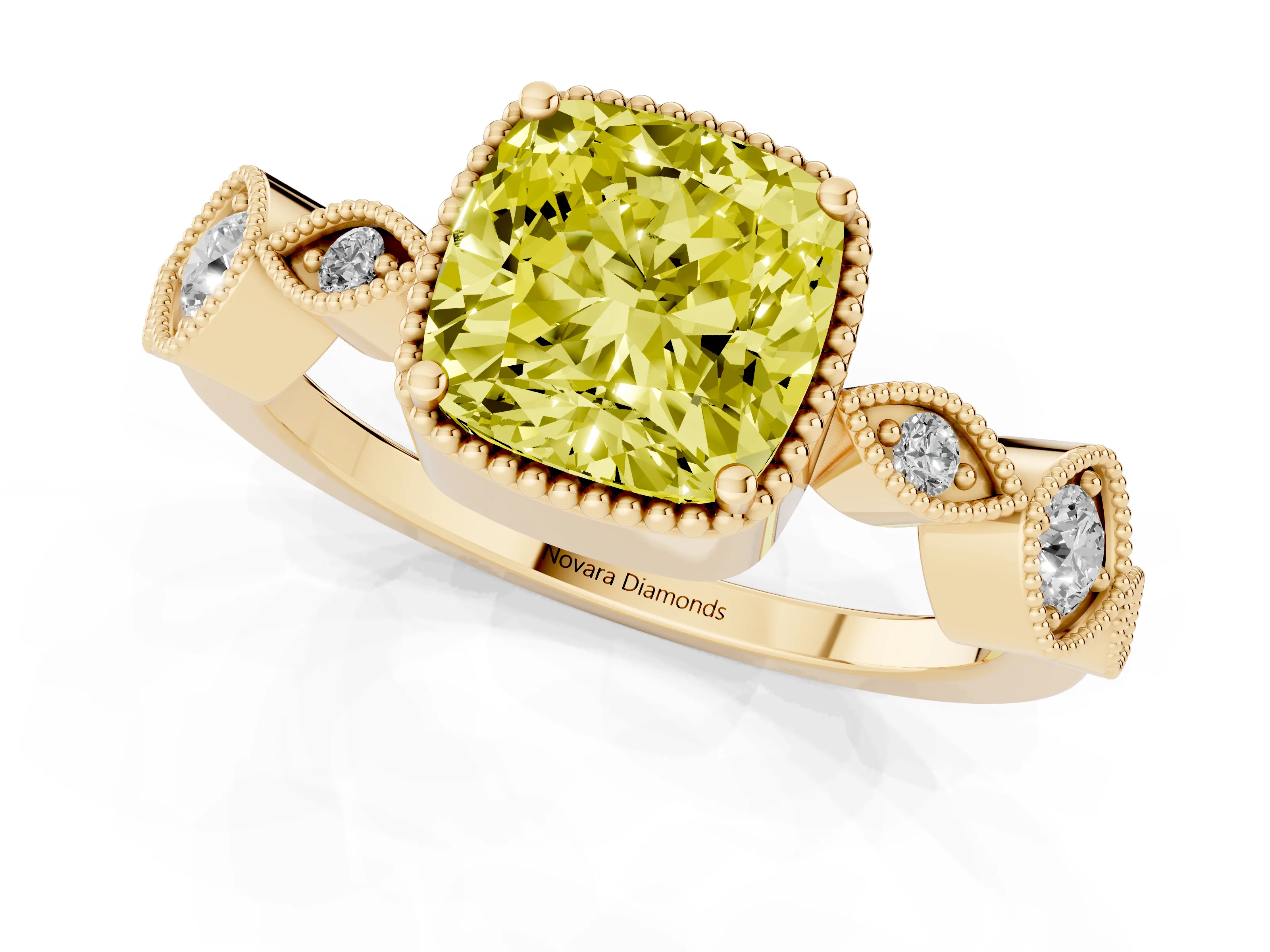 Fancy Yellow Cushion Cut Diamond Vintage-Inspired Milgrain Ring Set in Yellow gold with Marquise Stations of Round Accents
