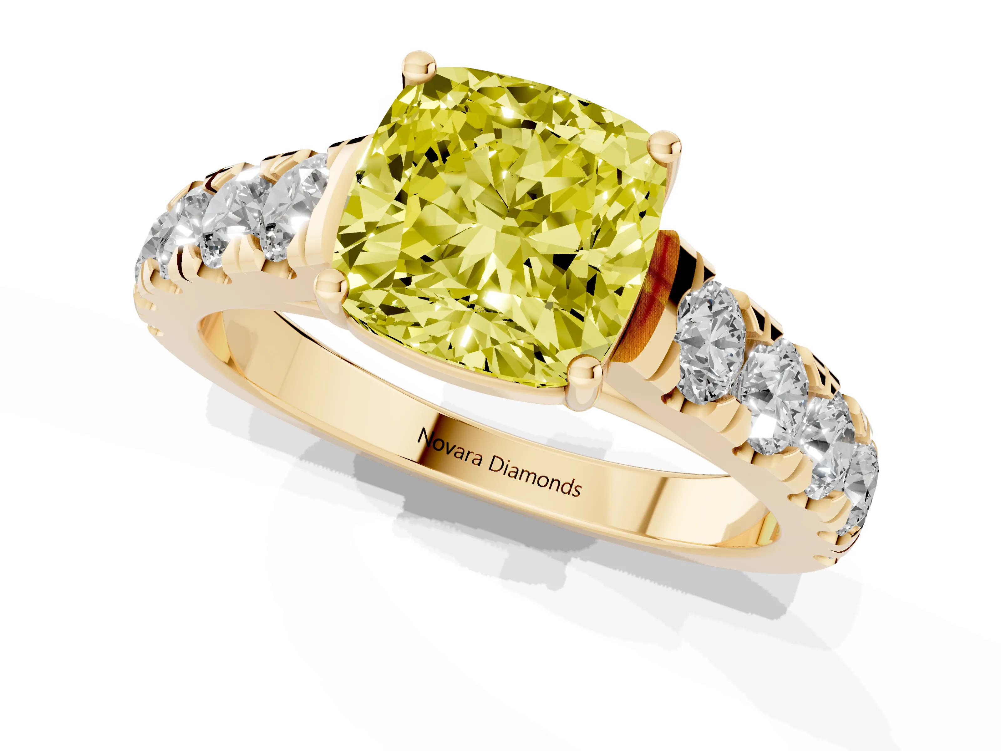 Fancy Yellow Cushion Cut Diamond Solitaire Ring Set in Yellow gold with Cut-Down Micro Pavé Band and Prong Setting