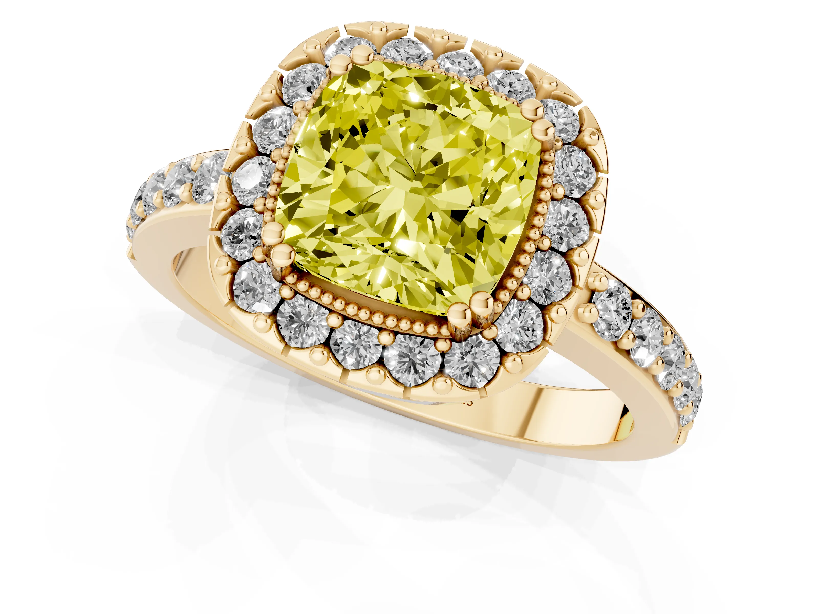 Fancy Yellow Cushion Cut Diamond Halo Ring Set in Yellow gold with Pavé Shank and Prong Setting