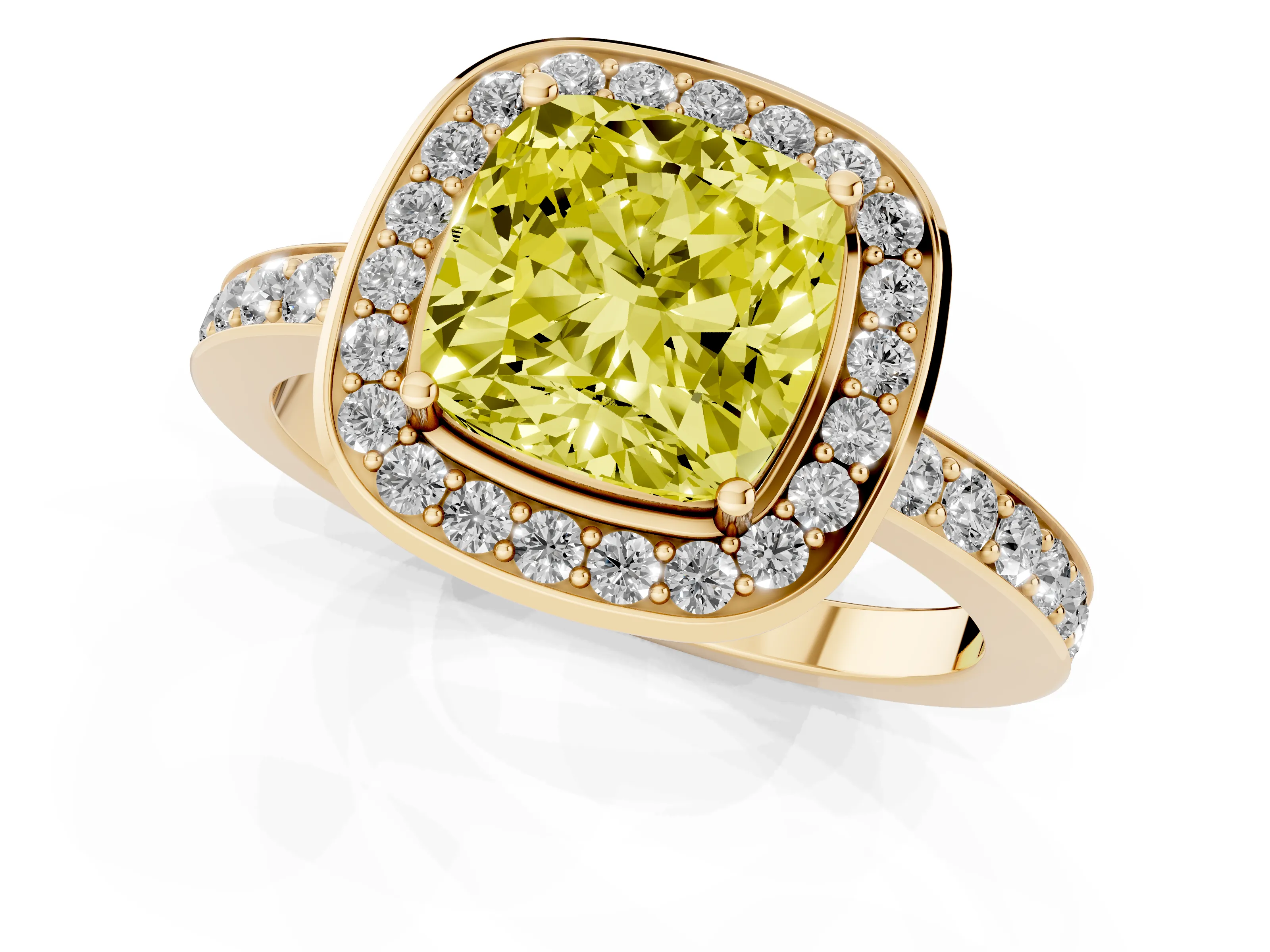 Fancy Yellow Cushion Cut Diamond Halo Ring Set in Yellow gold with Bezel Frame and Pavé Band