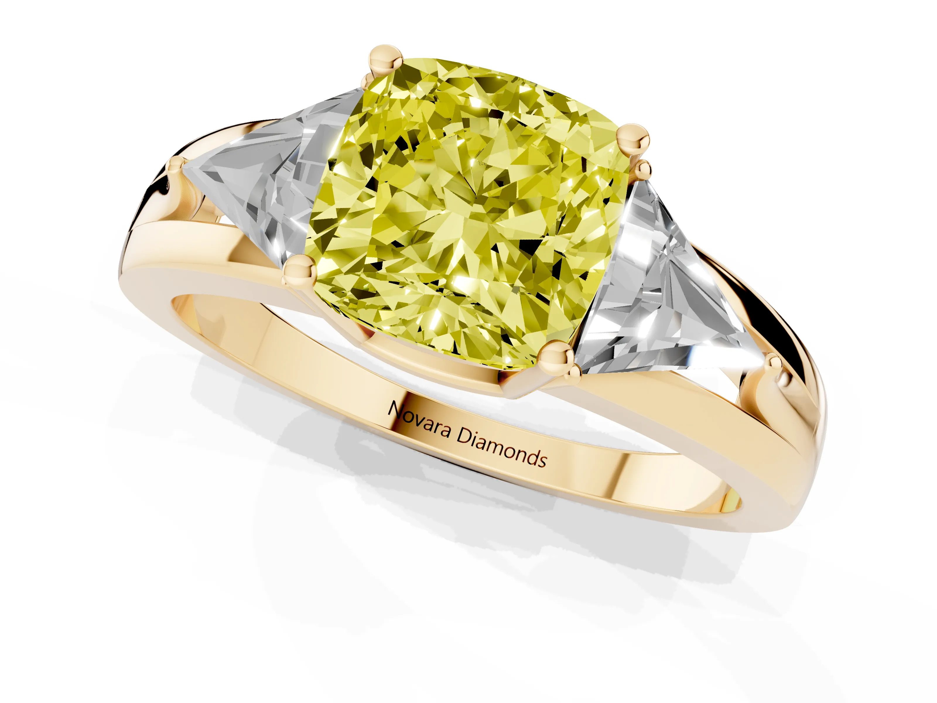 Fancy Yellow Cushion Cut Diamond Three-Stone Ring Set in Yellow gold with Trillion Side Stones and Split Shank