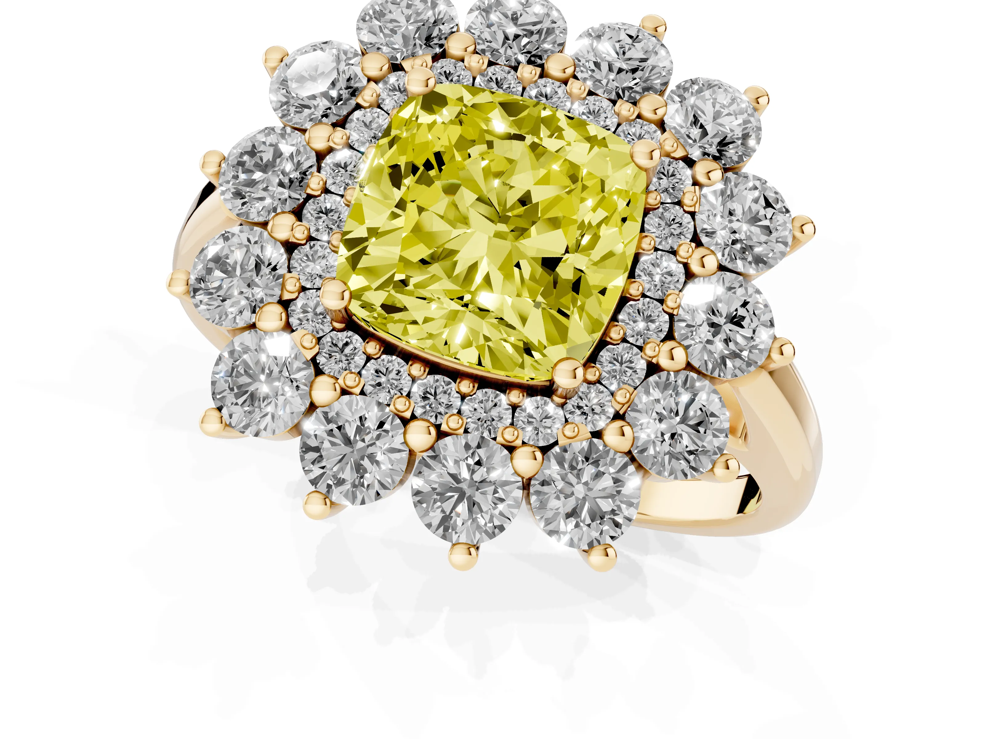 Fancy Yellow Cushion Cut Diamond Floral Double Halo Ring Set in Yellow gold with Round Petals
