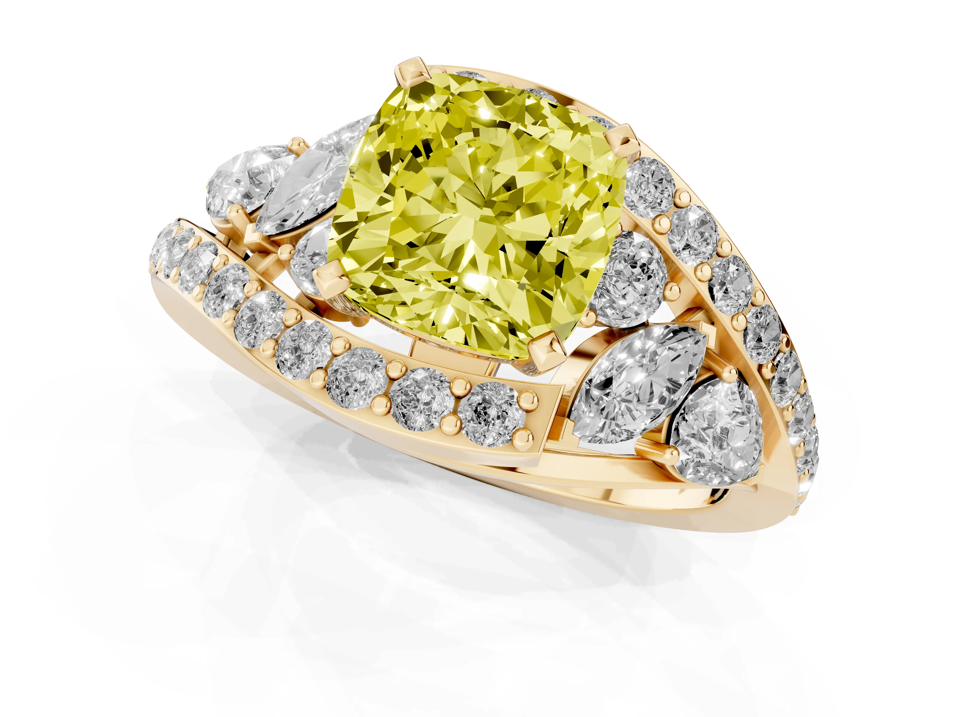 Fancy Yellow Cushion Cut Diamond Halo Ring Set in Yellow gold with Marquise and Pavé Band in Prong Setting