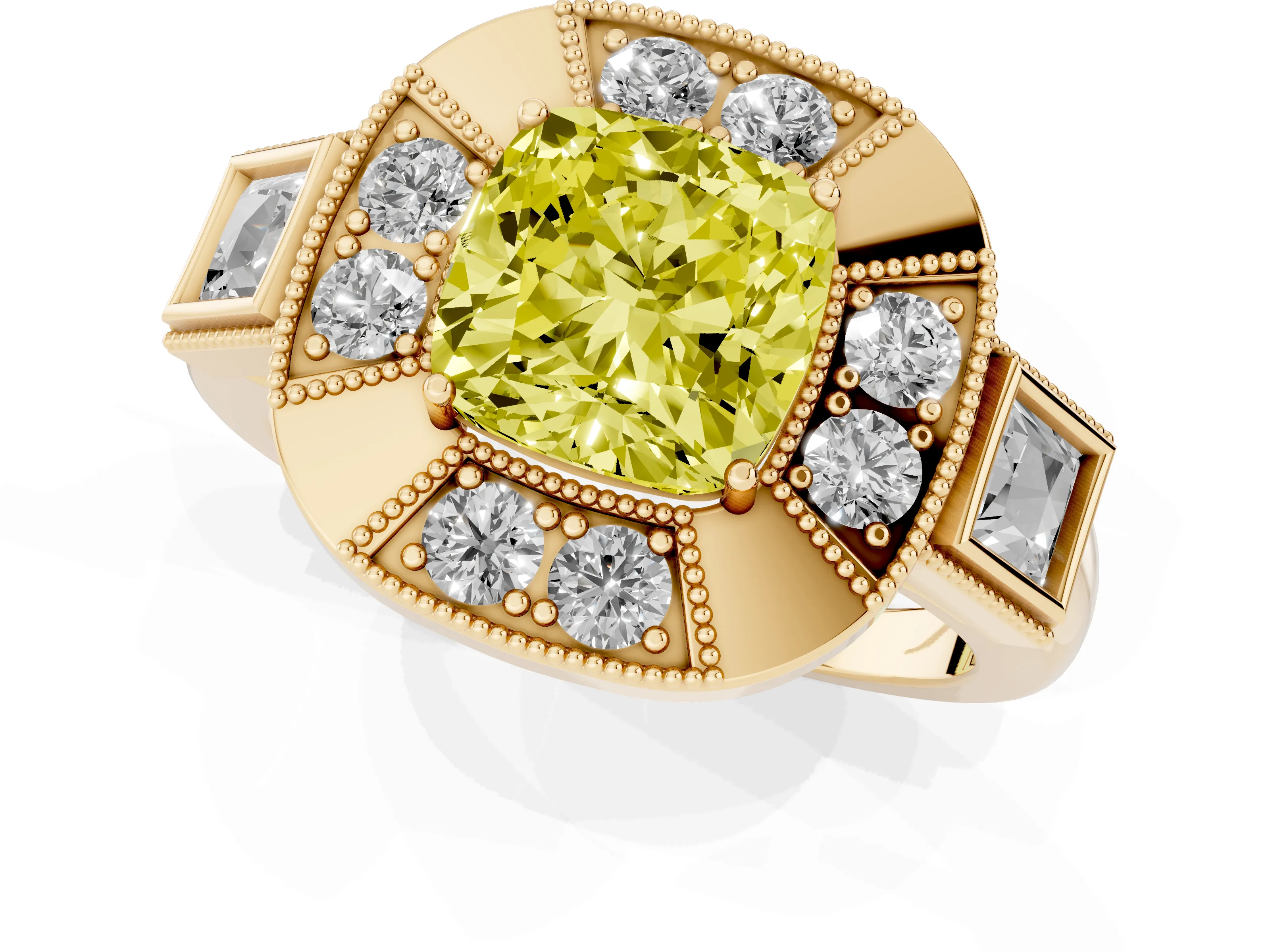 Fancy Yellow Cushion Cut Diamond Milgrain Halo Ring Set in Yellow gold with Split Shank