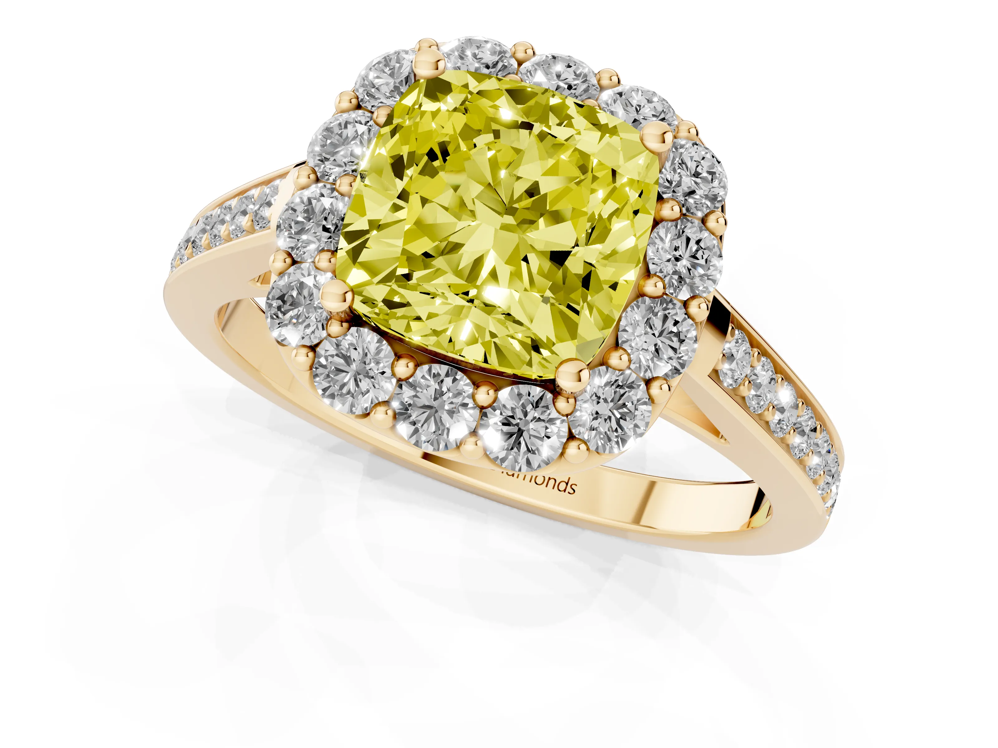 Fancy Yellow Cushion Cut Diamond Floral Halo Ring Set in Yellow gold with Pavé Band and Prong Setting