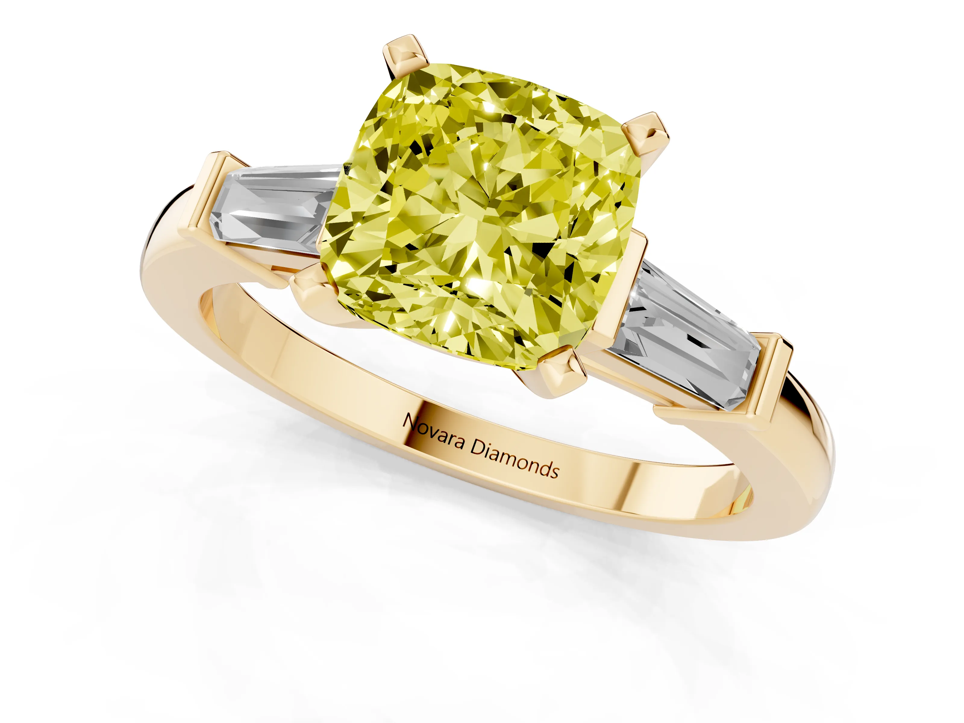 Fancy Yellow Cushion Cut Diamond Solitaire Ring Set in Yellow gold with Tapered Baguette Accents and Prong Setting