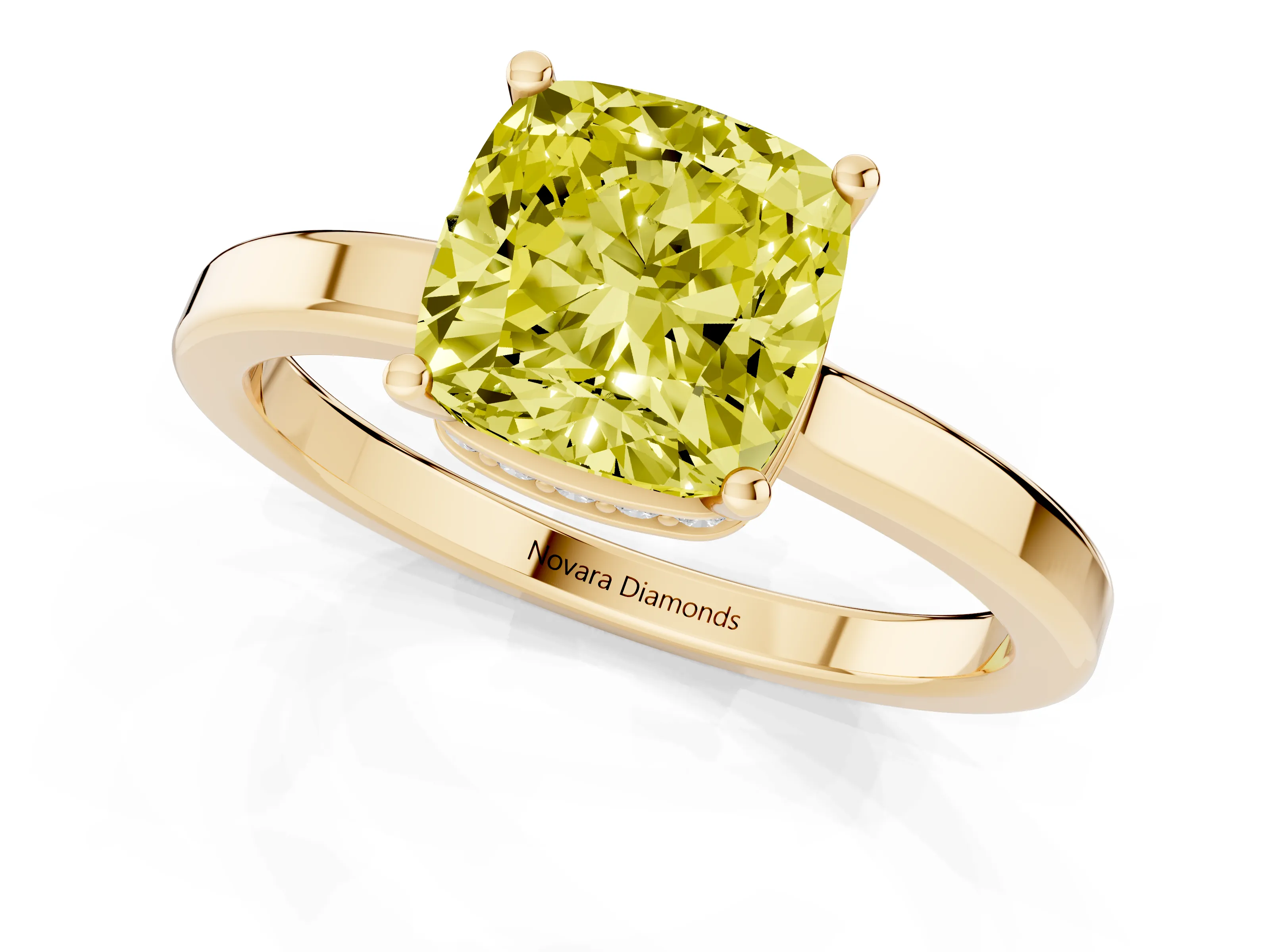 Fancy Yellow Cushion Cut Diamond Solitaire Engagement Ring Set in Yellow gold with Prong Setting on a Plain Band