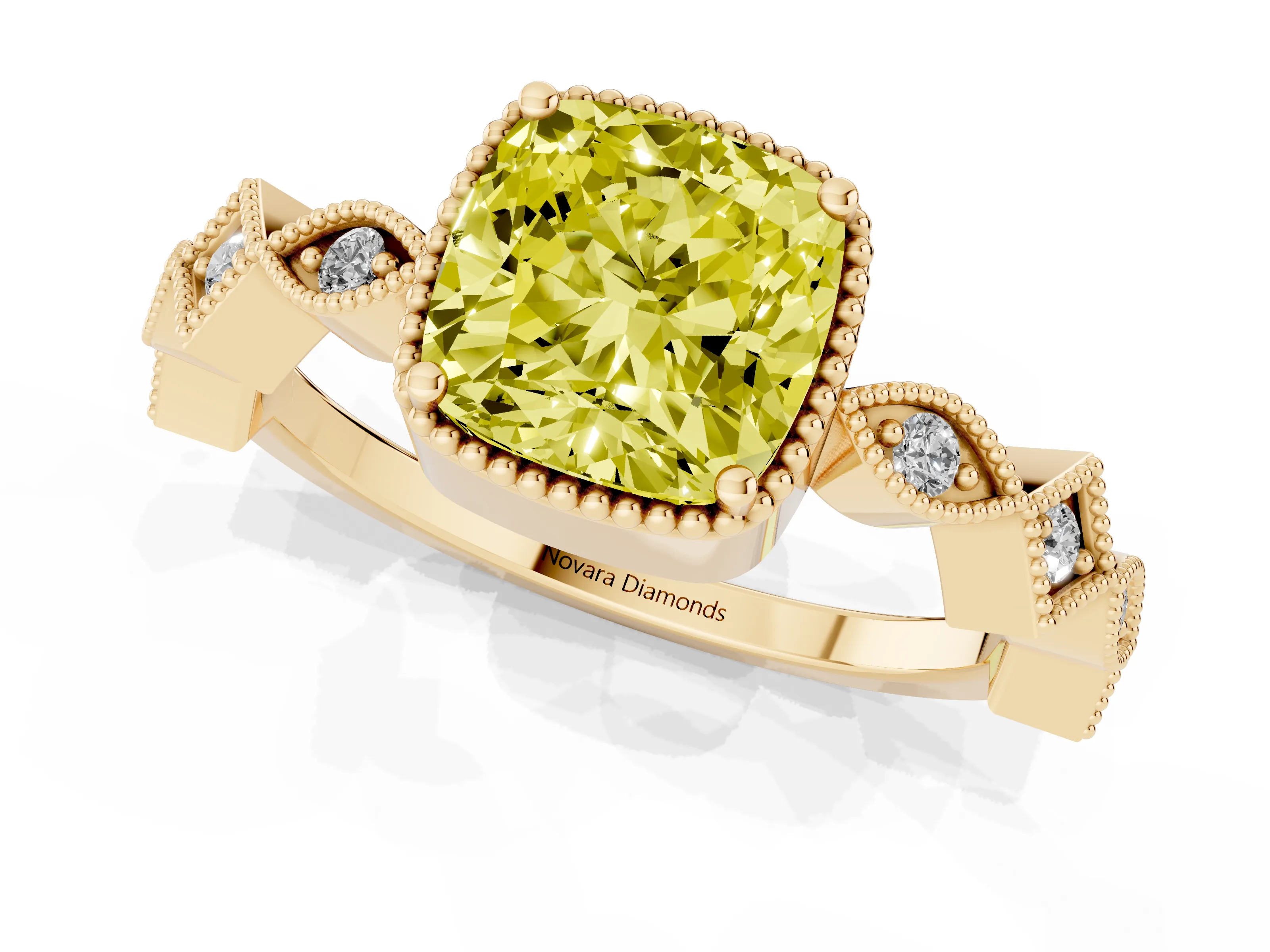 Fancy Yellow Cushion Cut Diamond Milgrain Marquise Twist Band Ring Set in Yellow gold with Prong Setting