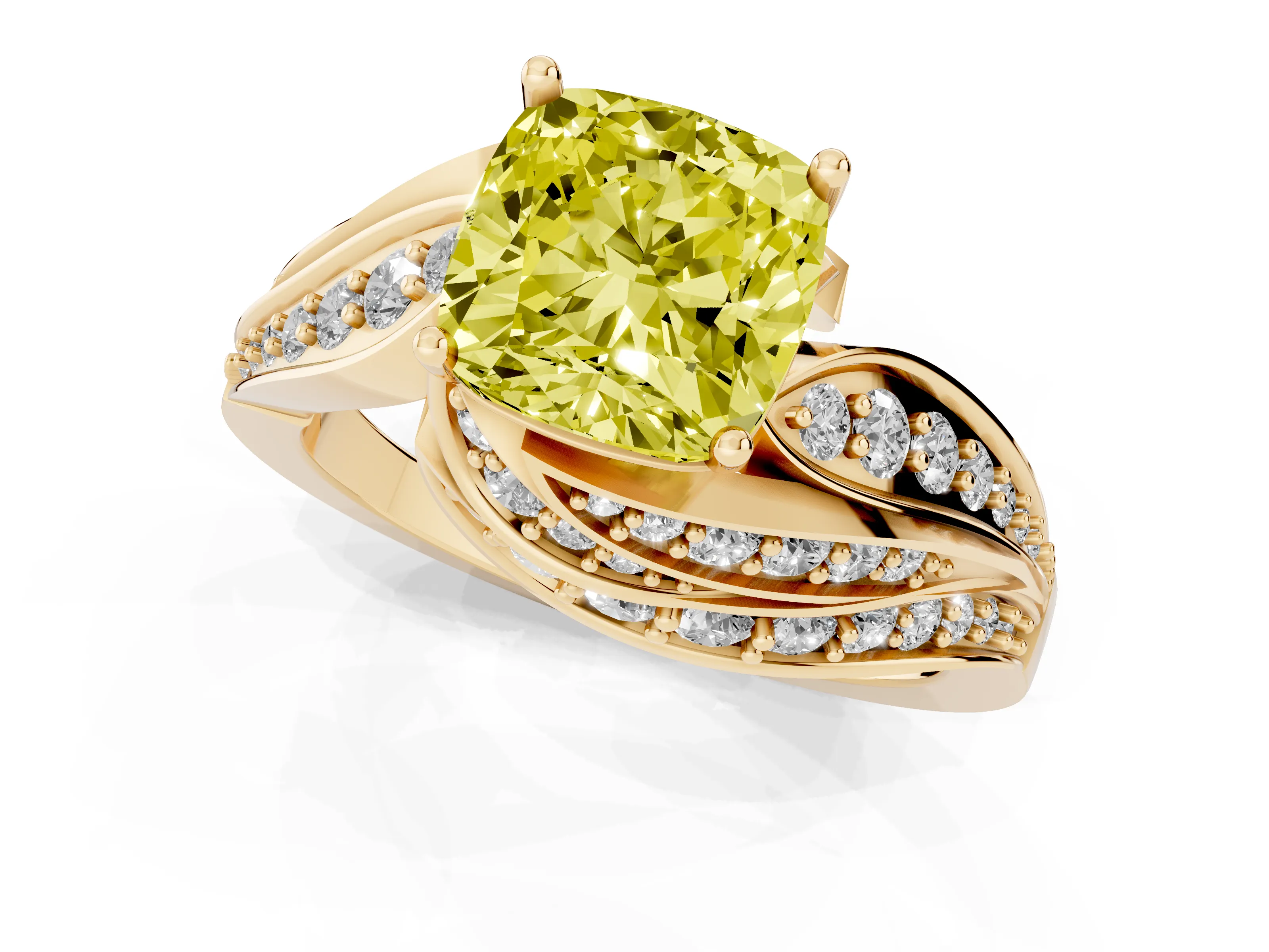 Fancy Yellow Cushion Cut Diamond Solitaire Ring Set in Yellow gold with Layered Twist Pavé Band