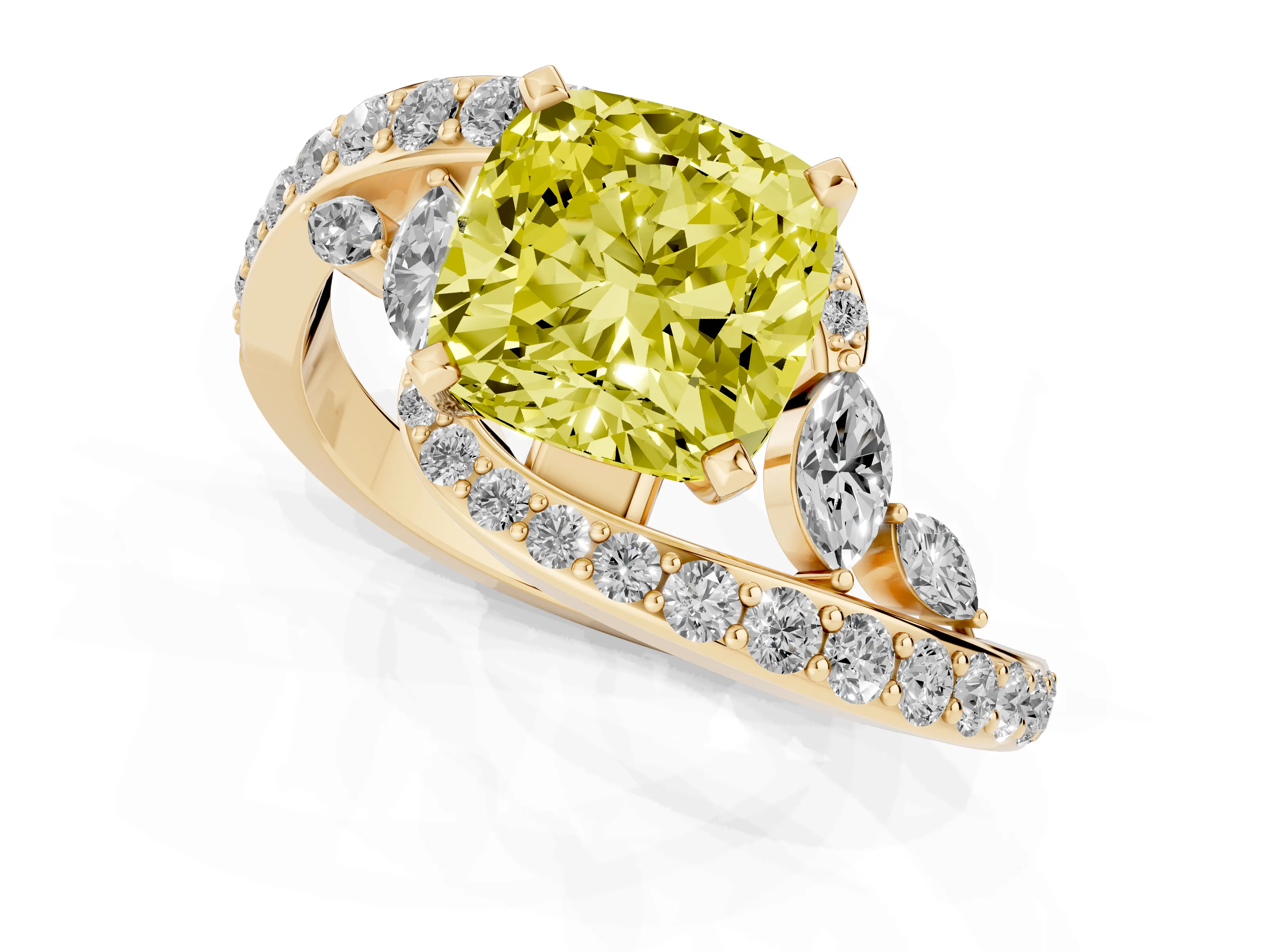Fancy Yellow Cushion Cut Diamond Solitaire Ring Set in Yellow gold with Pavé Twist Band and Secure Prong Setting
