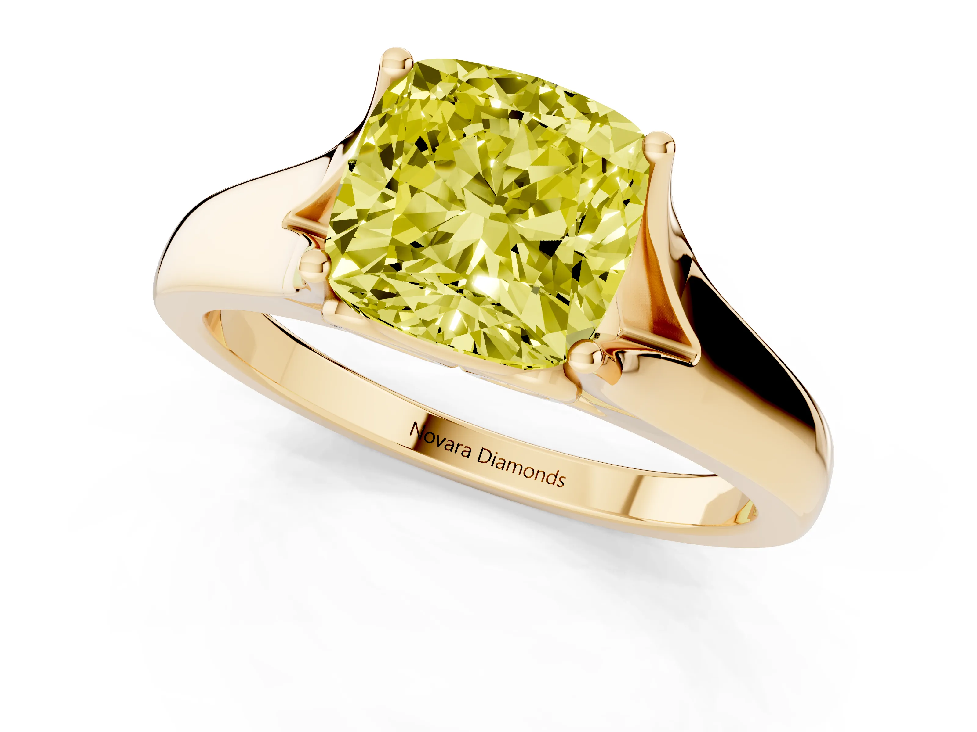 Fancy Yellow Cushion Cut Diamond Solitaire Ring Set in Yellow gold with Arched Cathedral Band and Prong Setting