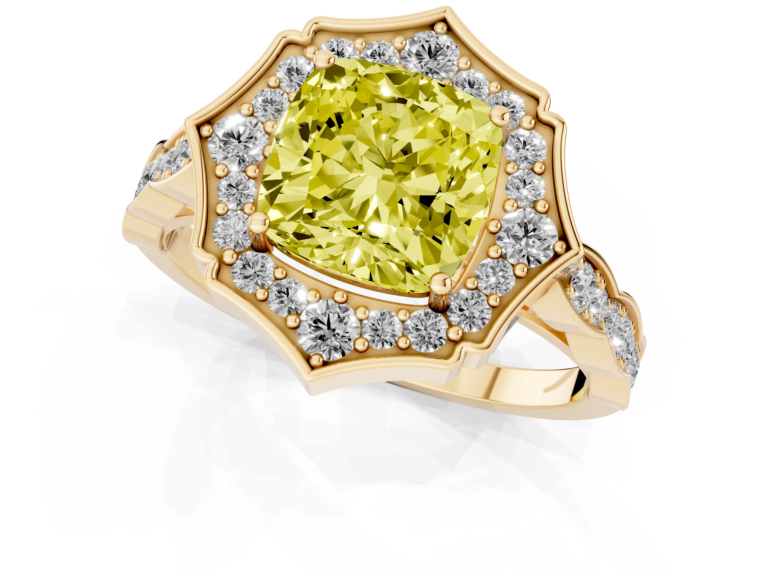 Fancy Yellow Cushion Cut Diamond Halo Engagement Ring Set in Yellow gold with Milgrain Band and Prong Setting