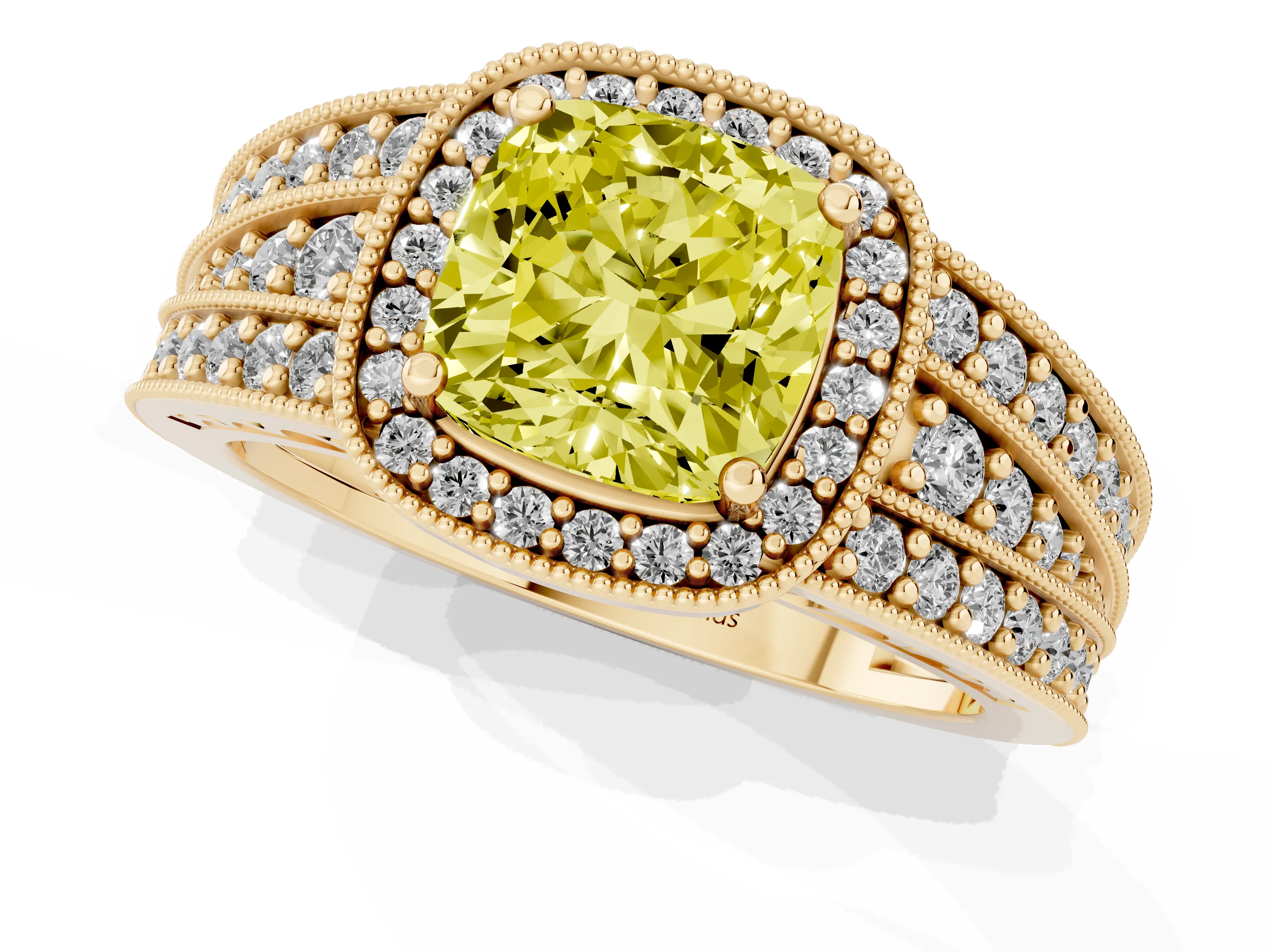 Fancy Yellow Cushion Cut Diamond Halo Ring Set in Yellow gold with Accent Split Shank and Prong Setting