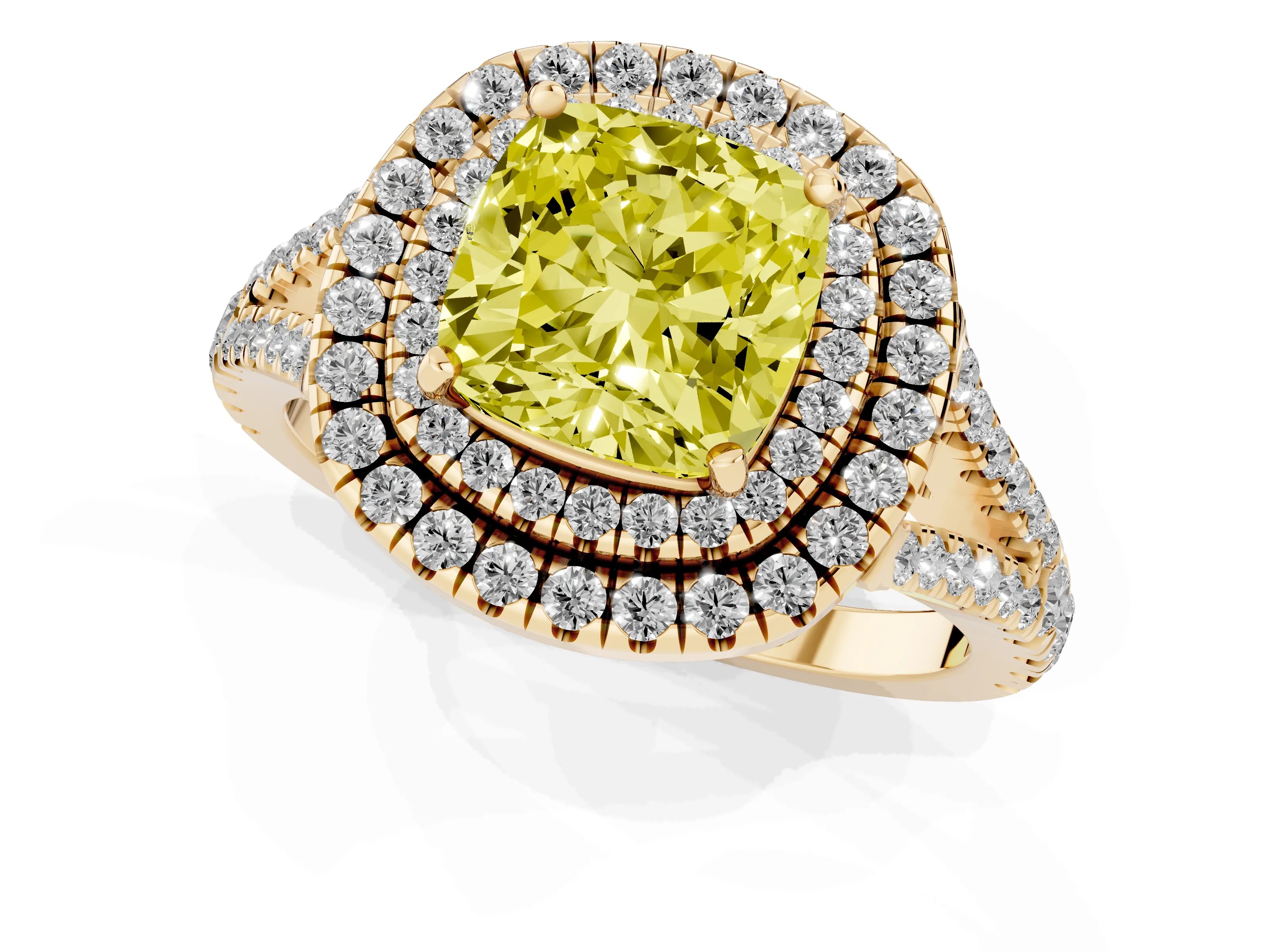 Fancy Yellow Cushion Cut Diamond Double Halo Ring Set in Yellow gold with Pavé Band