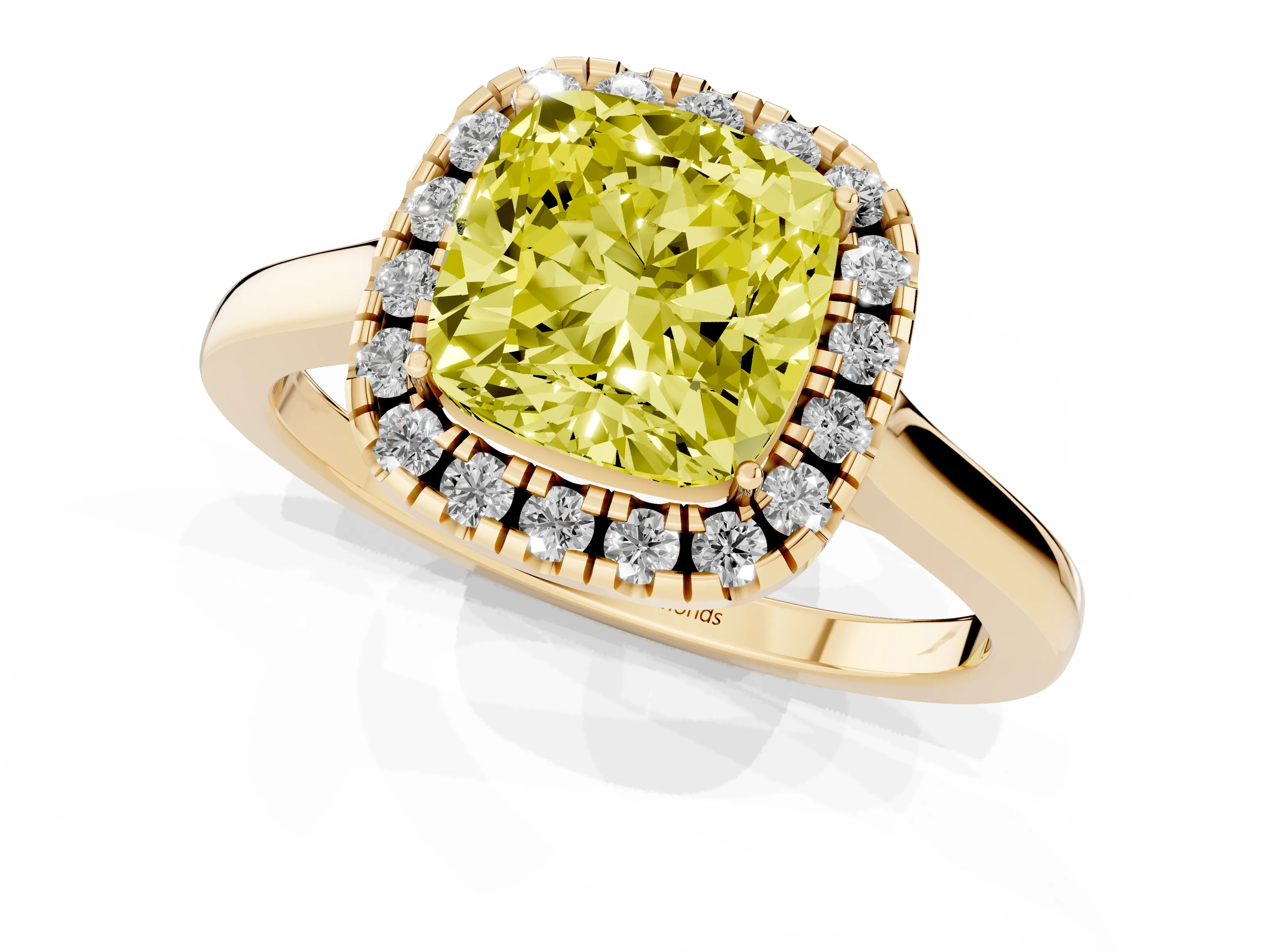 Fancy Yellow Cushion Cut Halo Round Diamond Solitaire Ring Set in Yellow gold with Pavé Band and Prong Setting