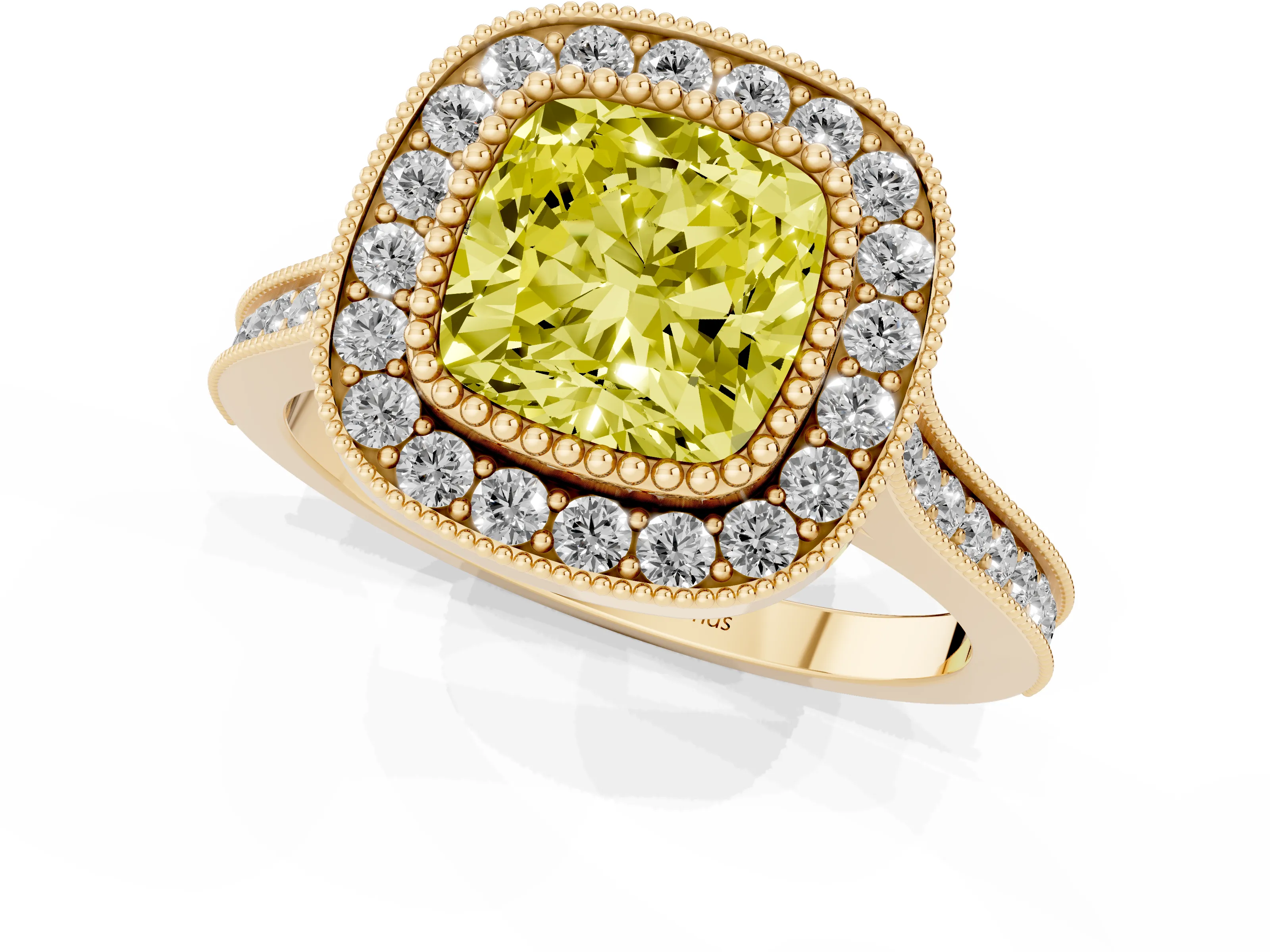 Fancy Yellow Cushion Cut Diamond Halo Ring Set in Yellow gold with Milgrain Frame and Pavé Band