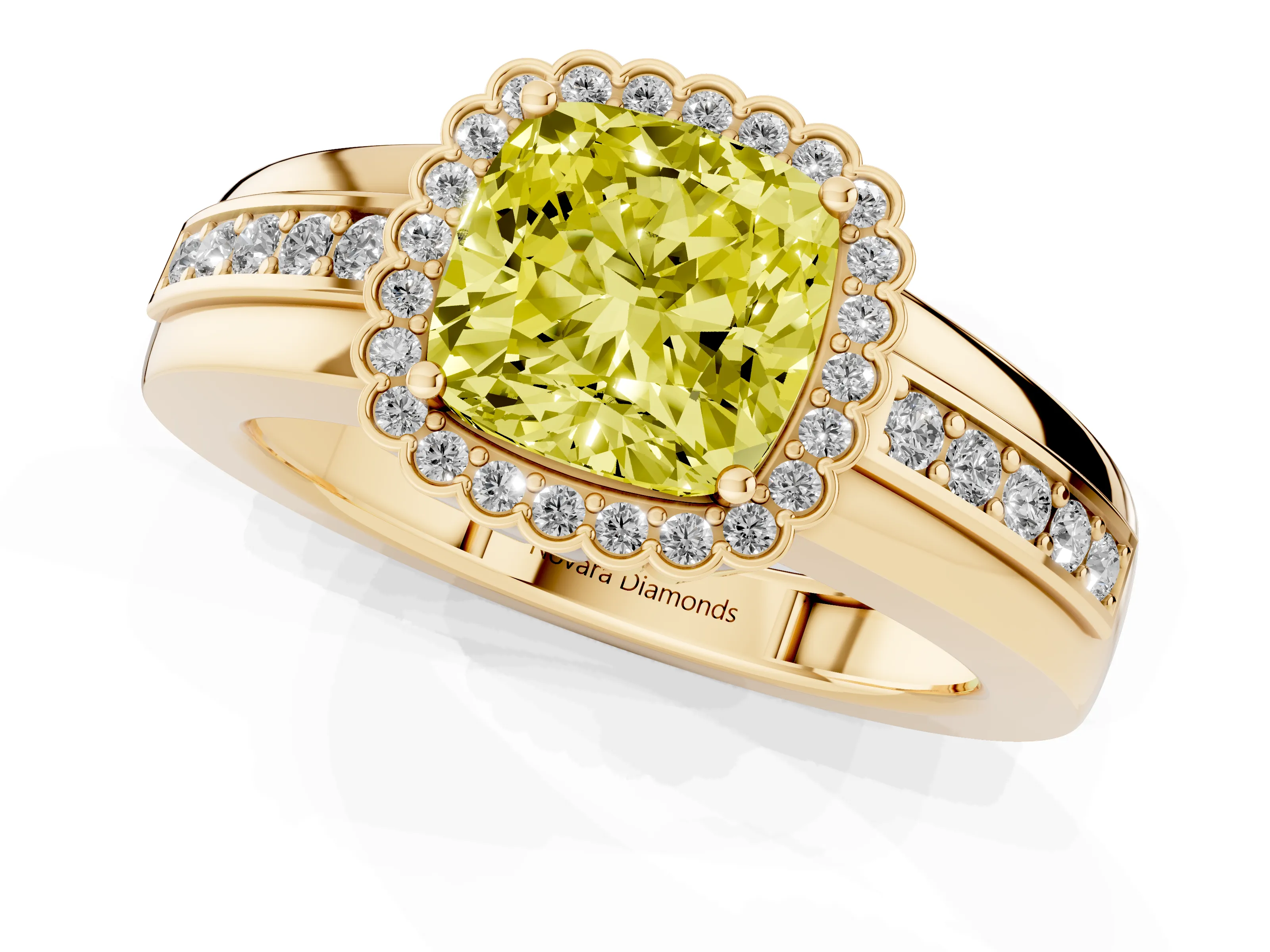 Fancy Yellow Cushion Cut Diamond Halo Prong Ring Set in Yellow gold with Pavé Band
