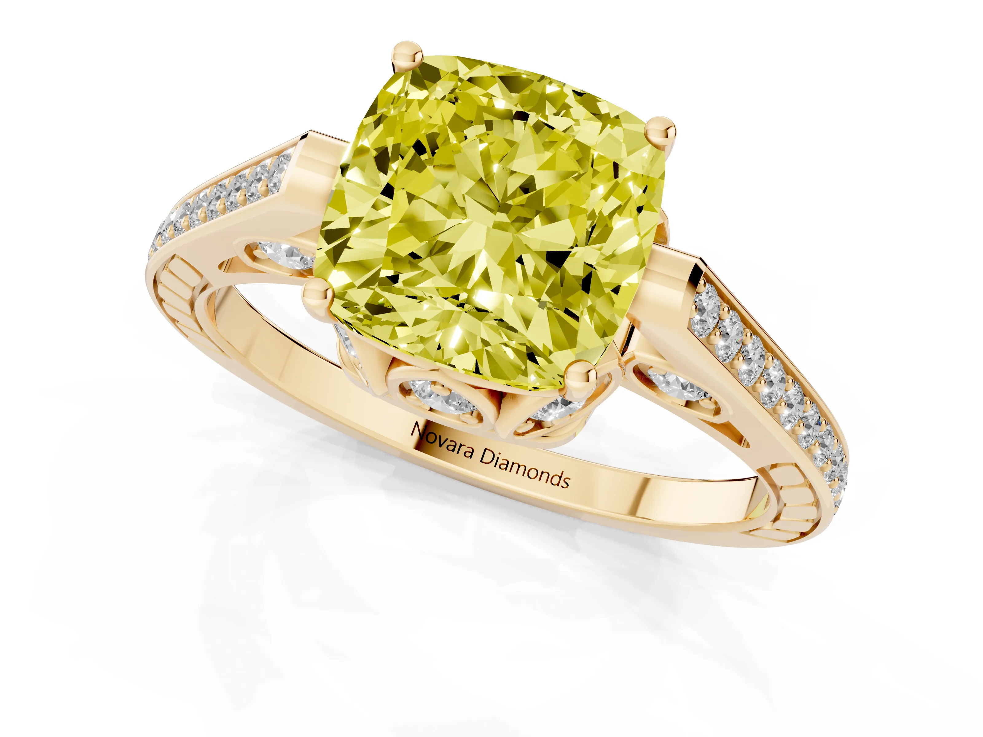 Fancy Yellow Cushion Cut Diamond Cathedral Pavé Engagement Ring Set in Yellow gold with Prong Setting