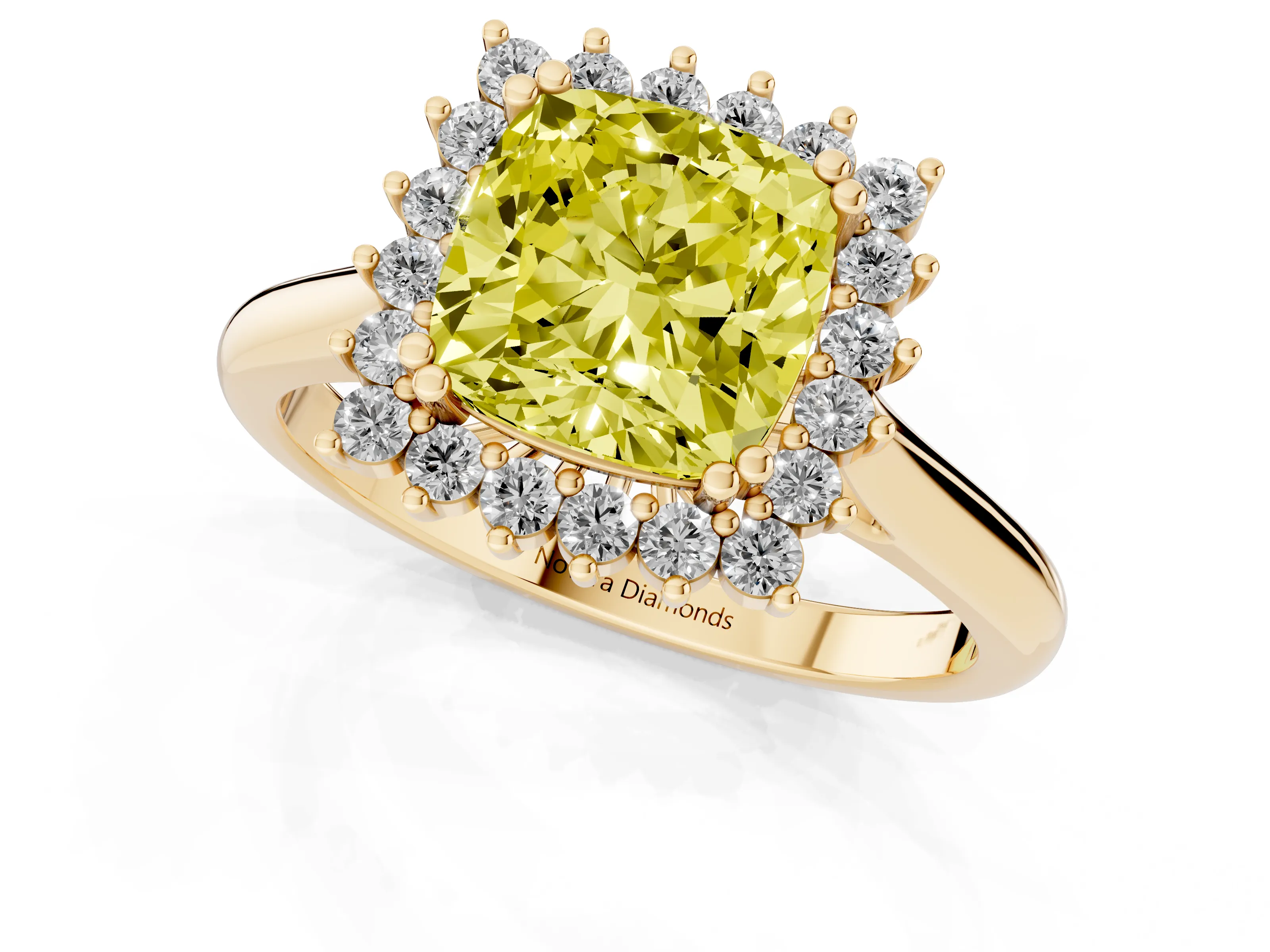Fancy Yellow Cushion Cut Diamond Halo Ring Set in Yellow gold with Plain Solitaire Band and Prong Setting