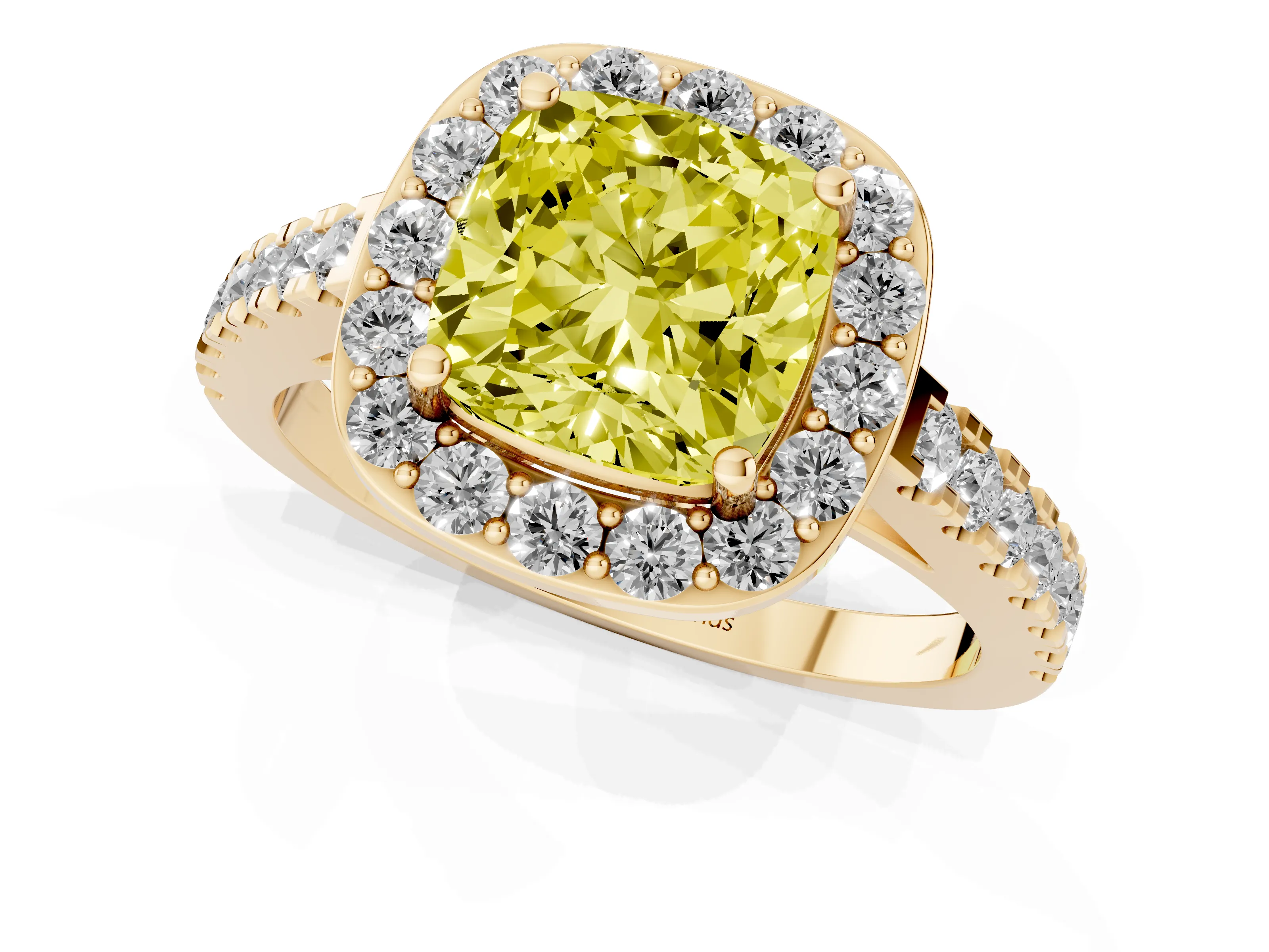 Fancy Yellow Cushion Cut Diamond Halo Ring Set in Yellow gold with Round Pavé Split Shank and Prong Setting