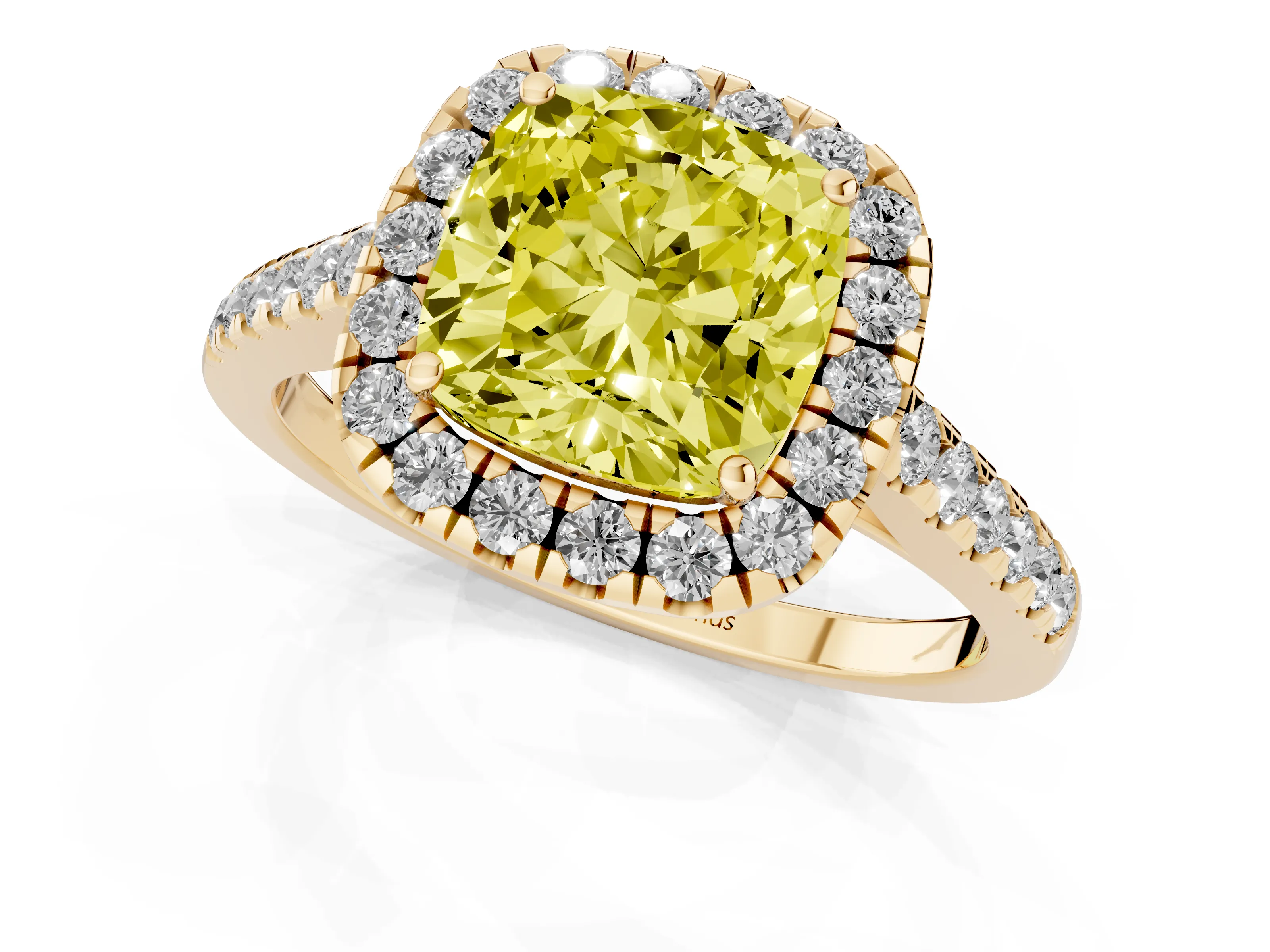 Fancy Yellow Cushion Cut Diamond Halo Pavé Engagement Ring Set in Yellow gold with Prong Setting