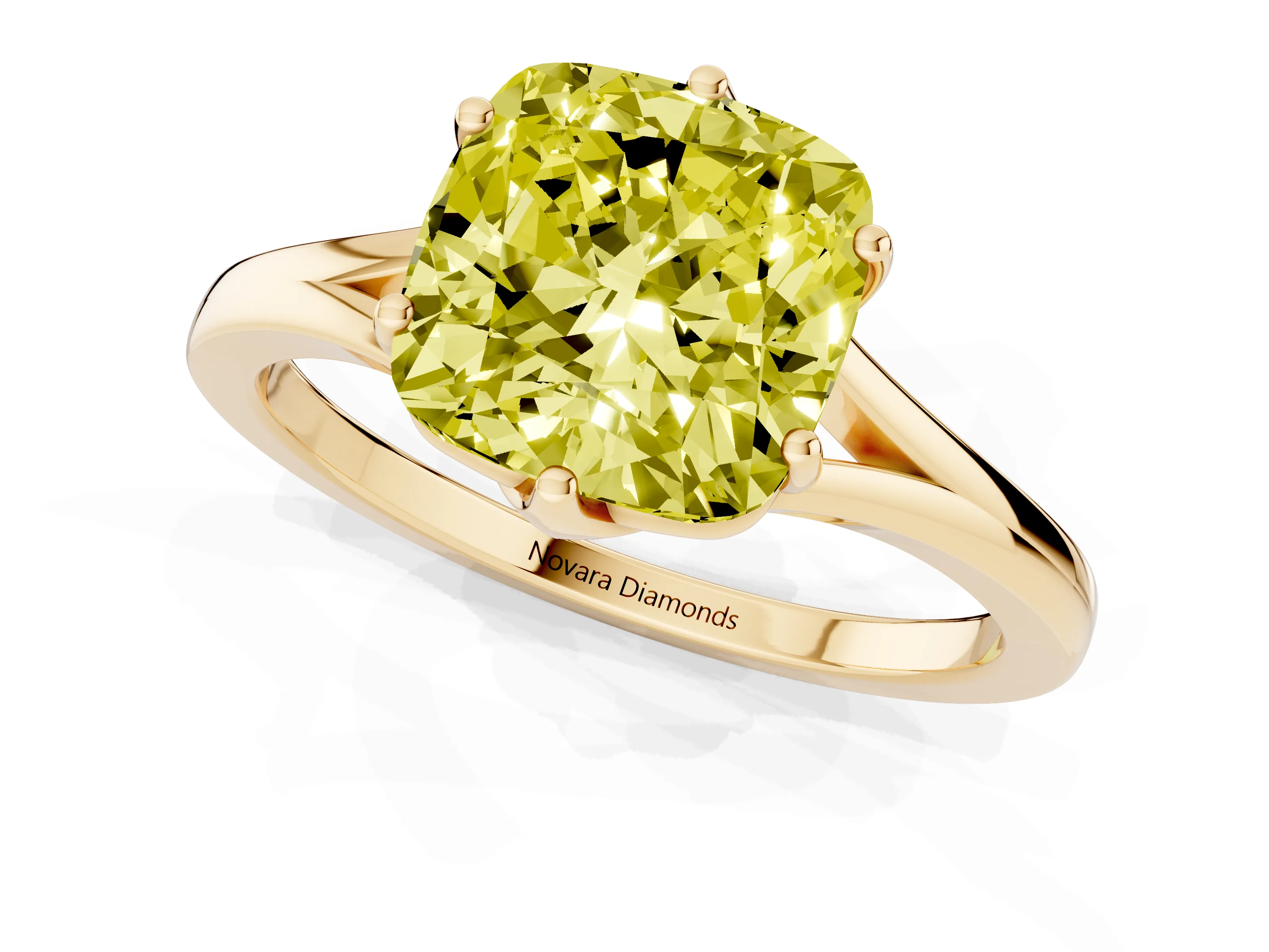 Fancy Yellow Cushion Cut Diamond Solitaire Ring Set in Yellow gold with Polished Tapered Band and Prong Setting