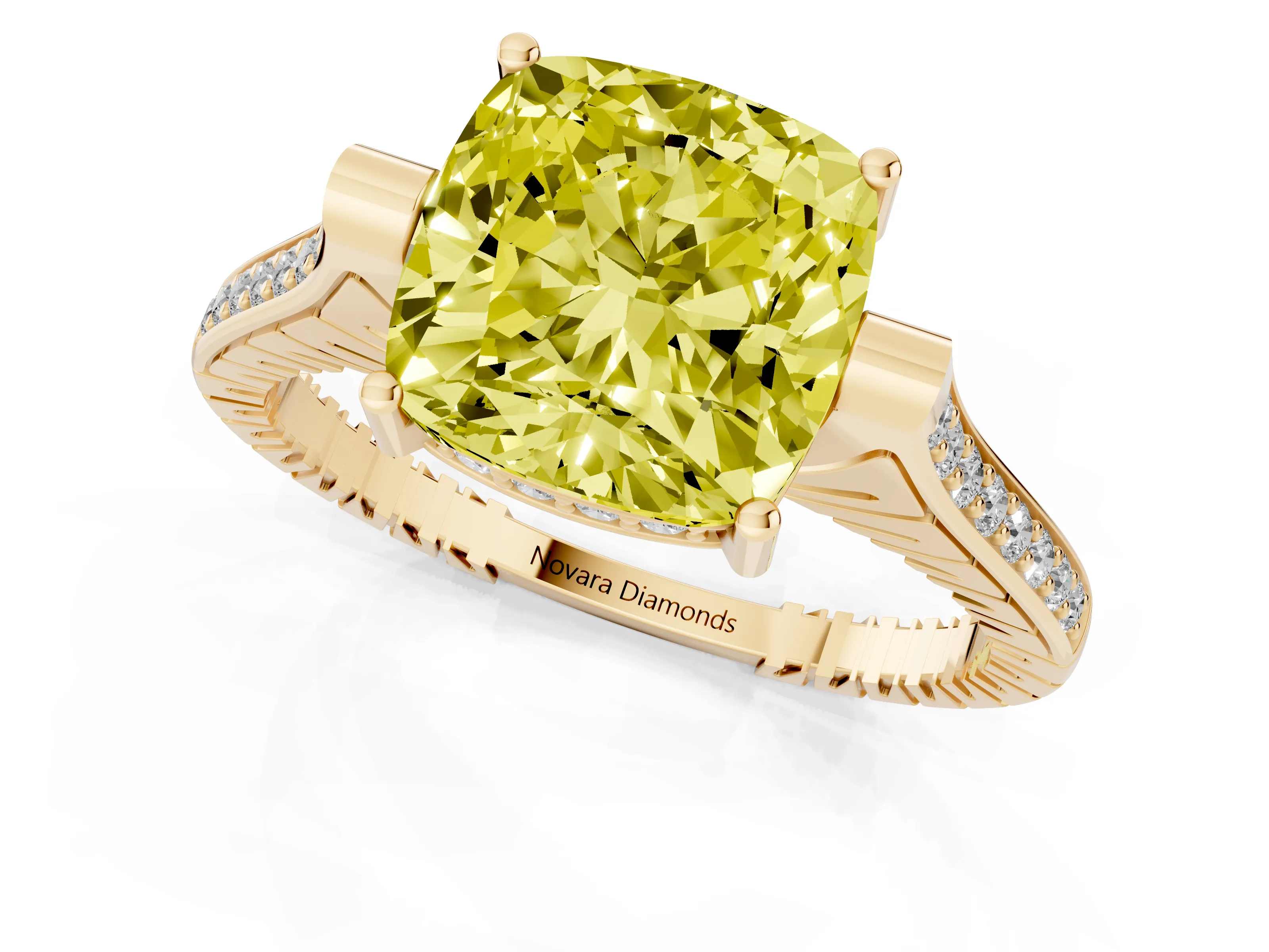 Fancy Yellow Cushion Cut Diamond Solitaire Ring Set in Yellow gold with Channel Set Band and Bezel Prong Setting