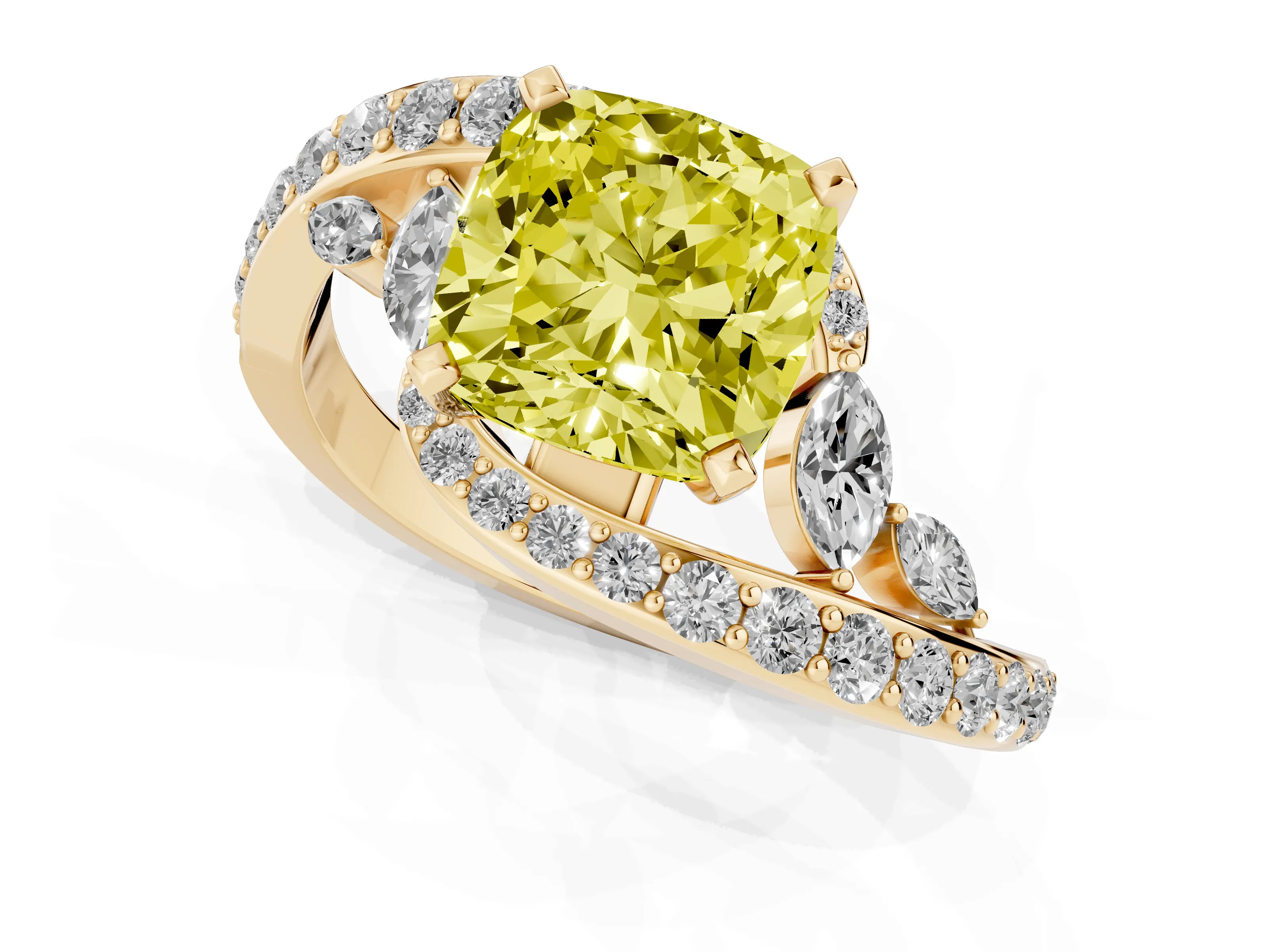 Fancy Yellow Cushion Cut Diamond Solitaire Ring Set in Yellow gold with Filigree Band and Prong Setting